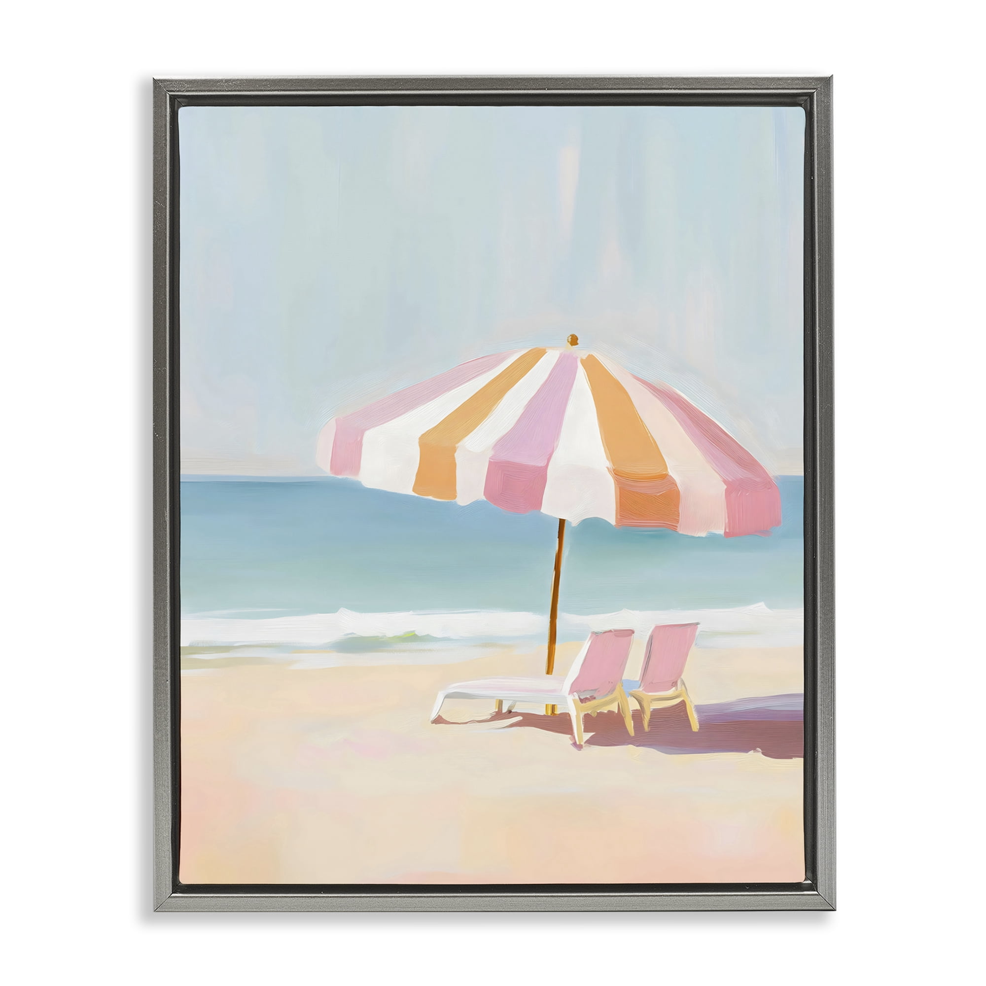 Stupell Industries Striped Umbrella & Chairs Gray Framed Floater Canvas Wall Art, design by The Prints Vibe