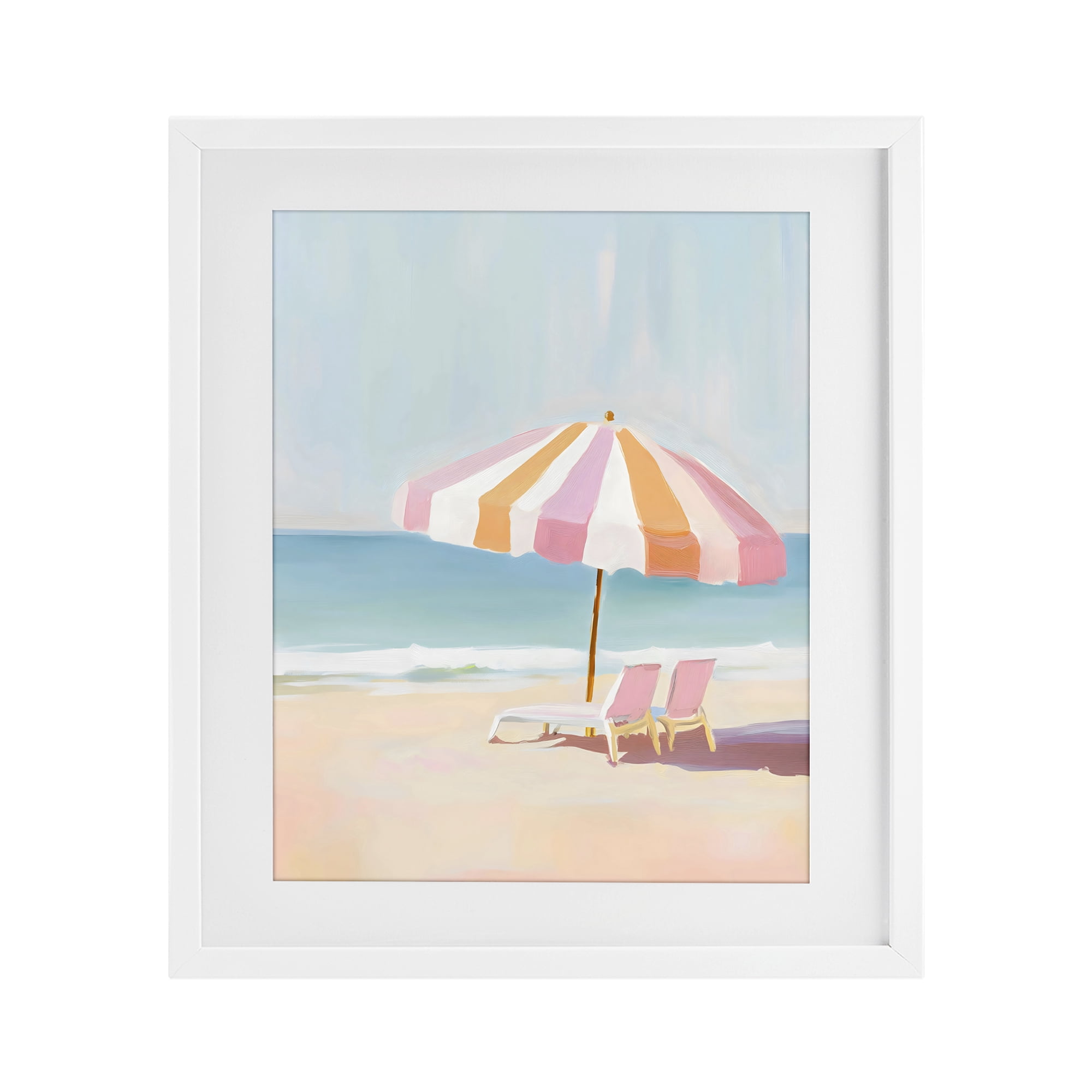 Stupell Industries Striped Umbrella & Chairs White Framed Print Under Glass, design by The Prints Vibe