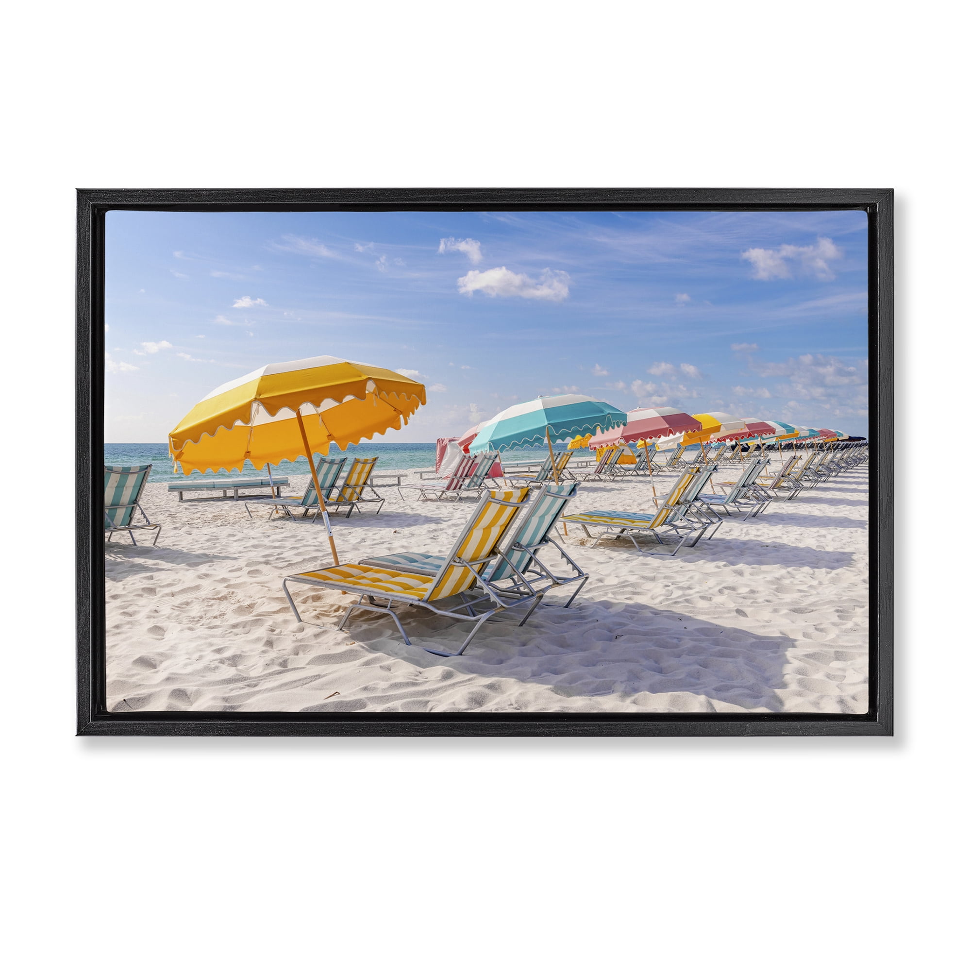 Stupell Industries Striped Umbrellas on Sunny Beach Black Framed Floater Canvas Wall Art, design by Richard Silver