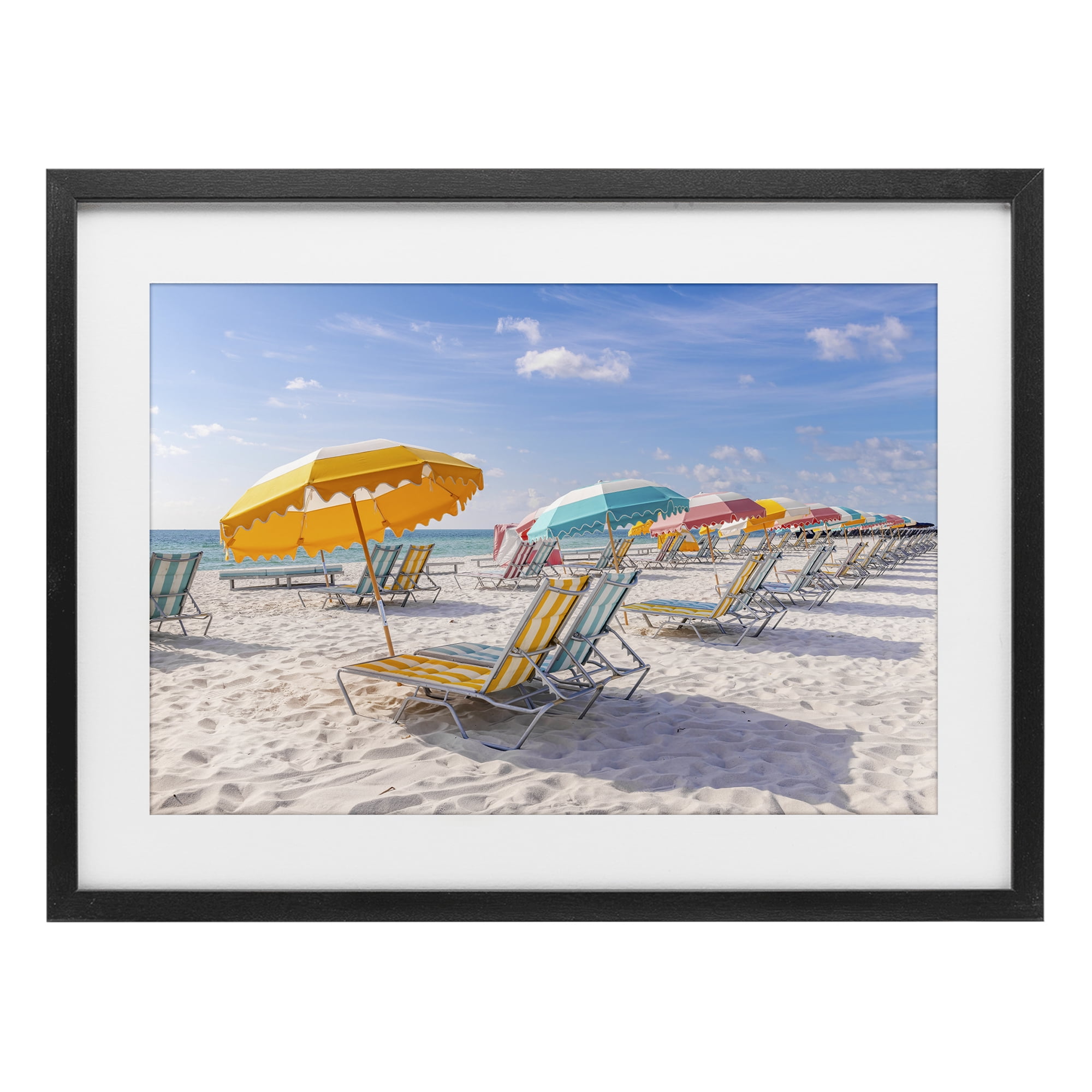 Stupell Industries Striped Umbrellas on Sunny Beach Black Framed Print Under Glass, design by Richard Silver