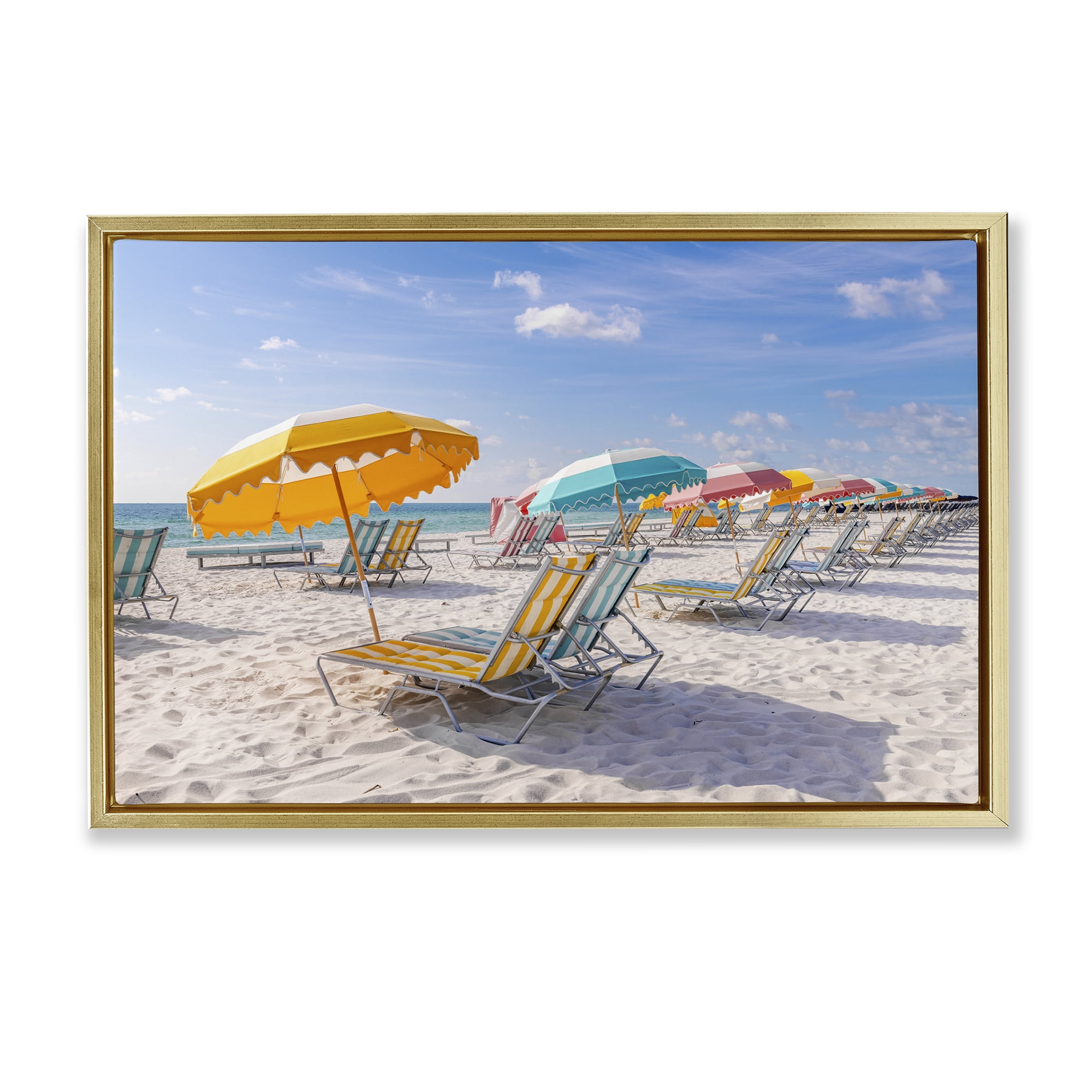 Stupell Industries Striped Umbrellas on Sunny Beach Gold Framed Floater Canvas Wall Art, design by Richard Silver