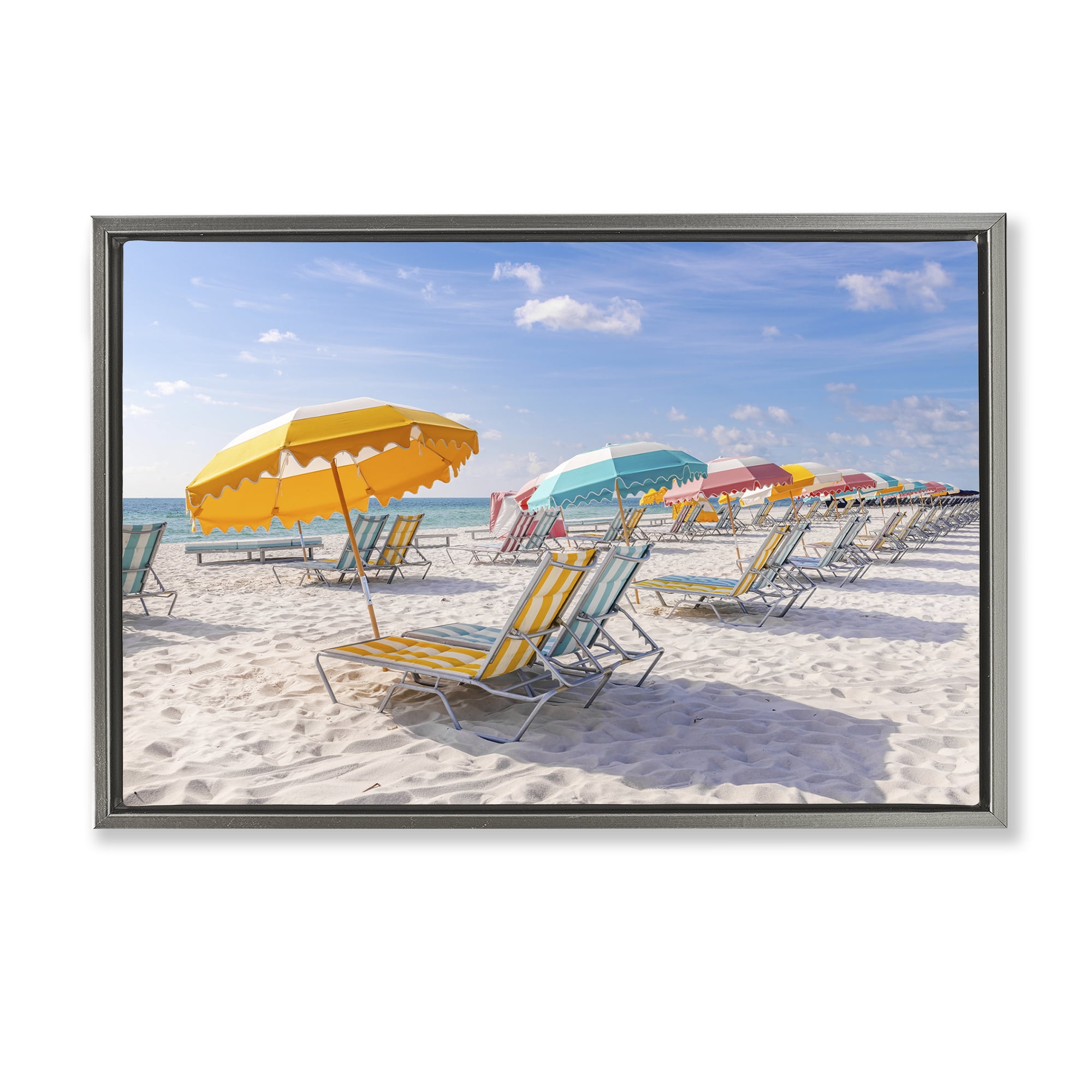 Stupell Industries Striped Umbrellas on Sunny Beach Gray Framed Floater Canvas Wall Art, design by Richard Silver