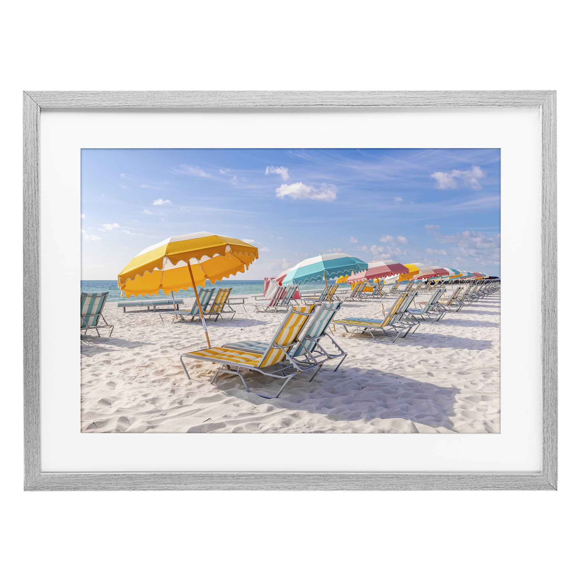 Stupell Industries Striped Umbrellas on Sunny Beach Gray Framed Print Under Glass, design by Richard Silver