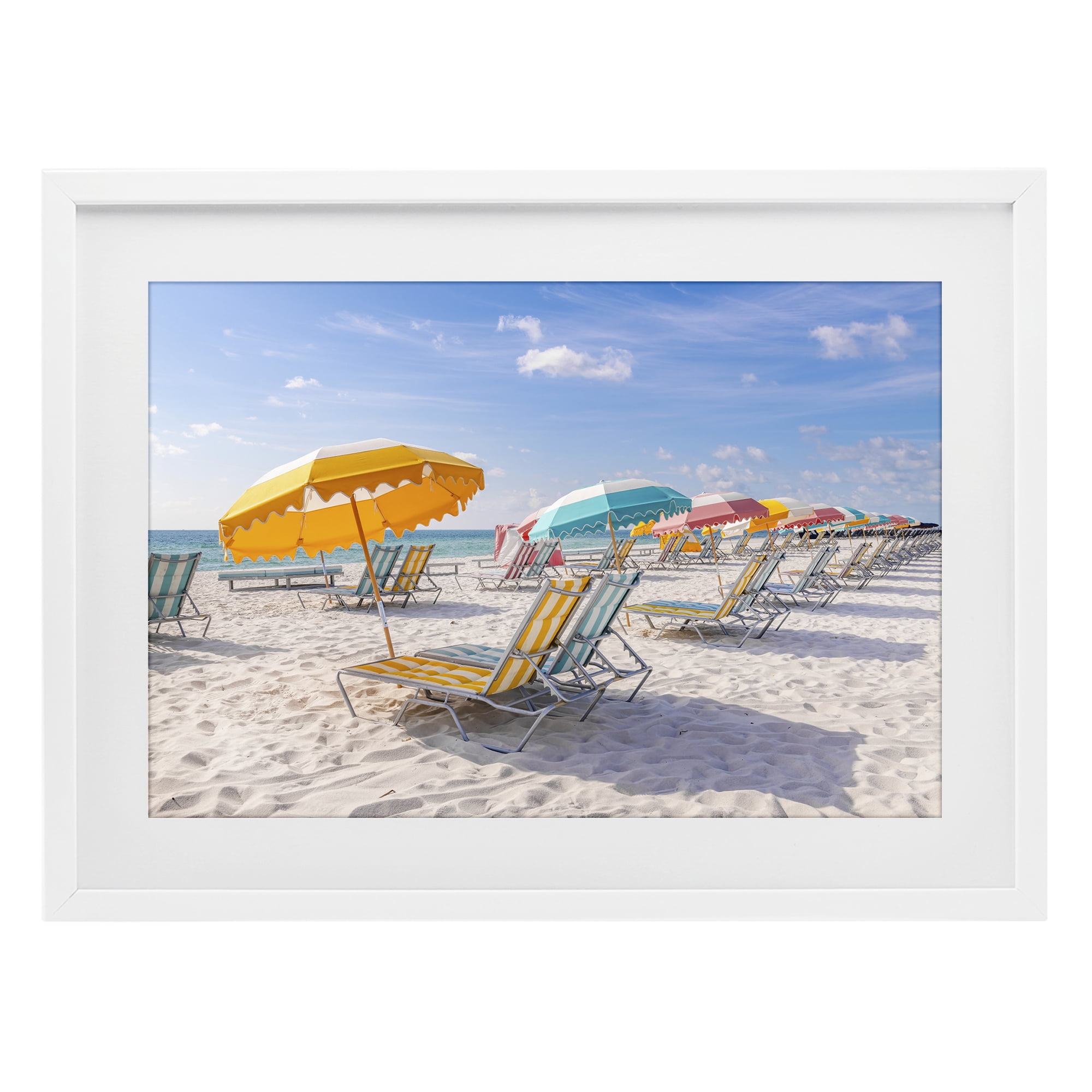 Stupell Industries Striped Umbrellas on Sunny Beach White Framed Print Under Glass, design by Richard Silver