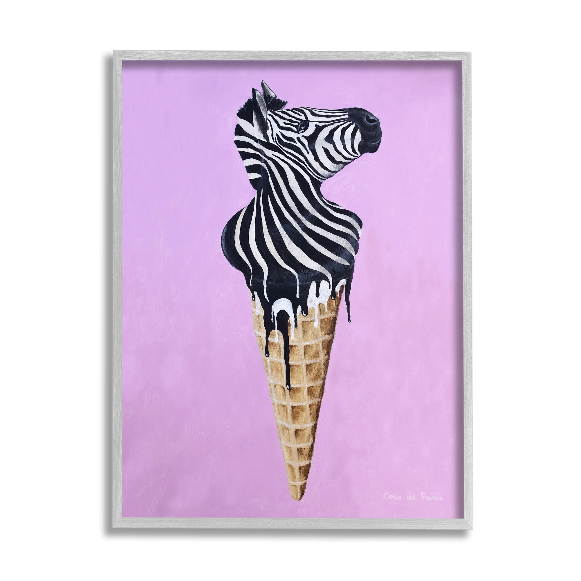 Stupell Industries Striped Zebra Ice Cream Cone Purple Background Paintings Gray Framed Art Print Wall Art, 11x14, by Coco de Paris