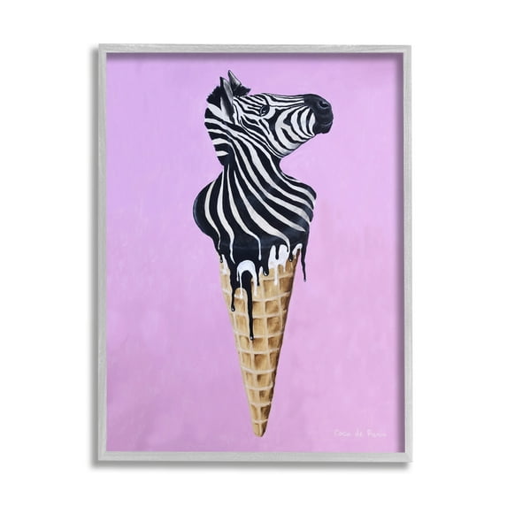 Stupell Industries Striped Zebra Ice Cream Cone Purple Background Paintings Gray Framed Art Print Wall Art, 24x30, by Coco de Paris