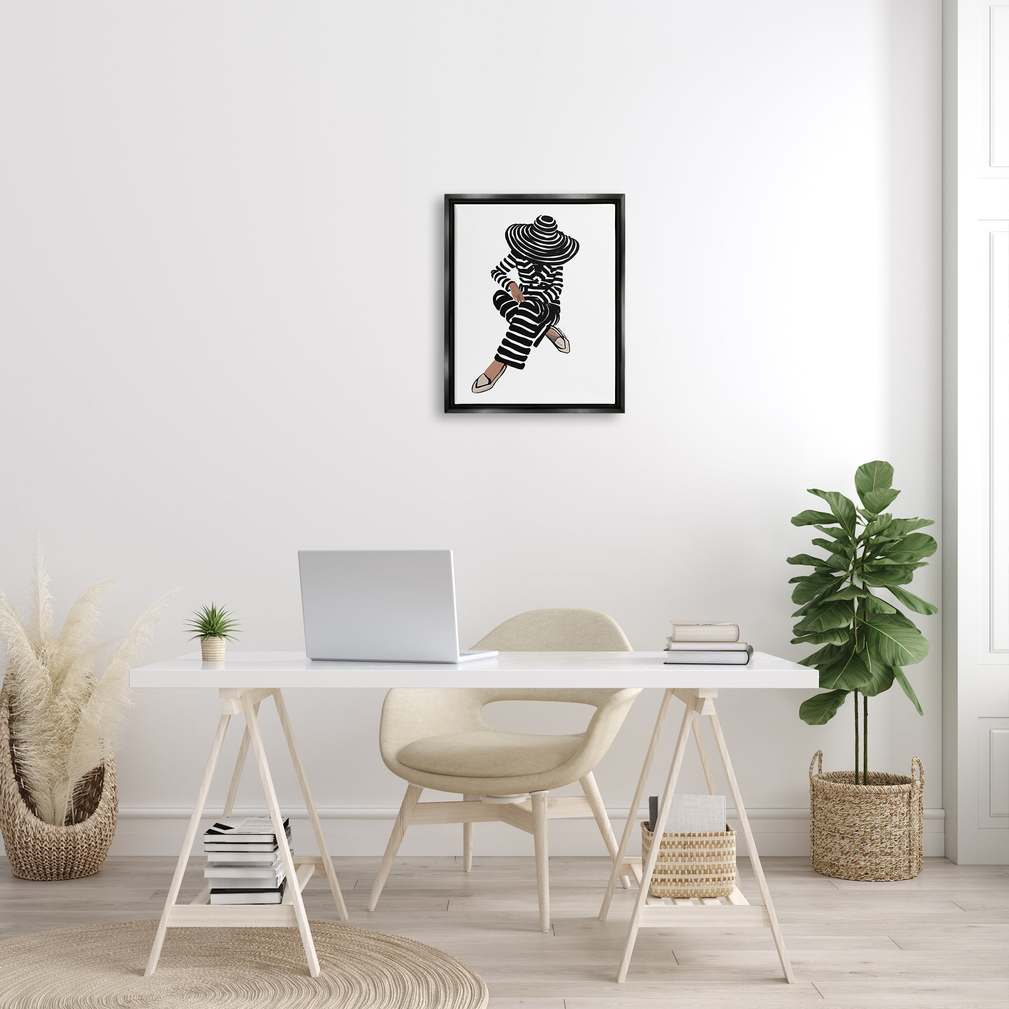 Stupell Industries Stripes Pattern Woman Sitting Fashion Portrait Graphic Art Jet Black Floating Framed Canvas Print Wall Art, Design by Amelia Noyes