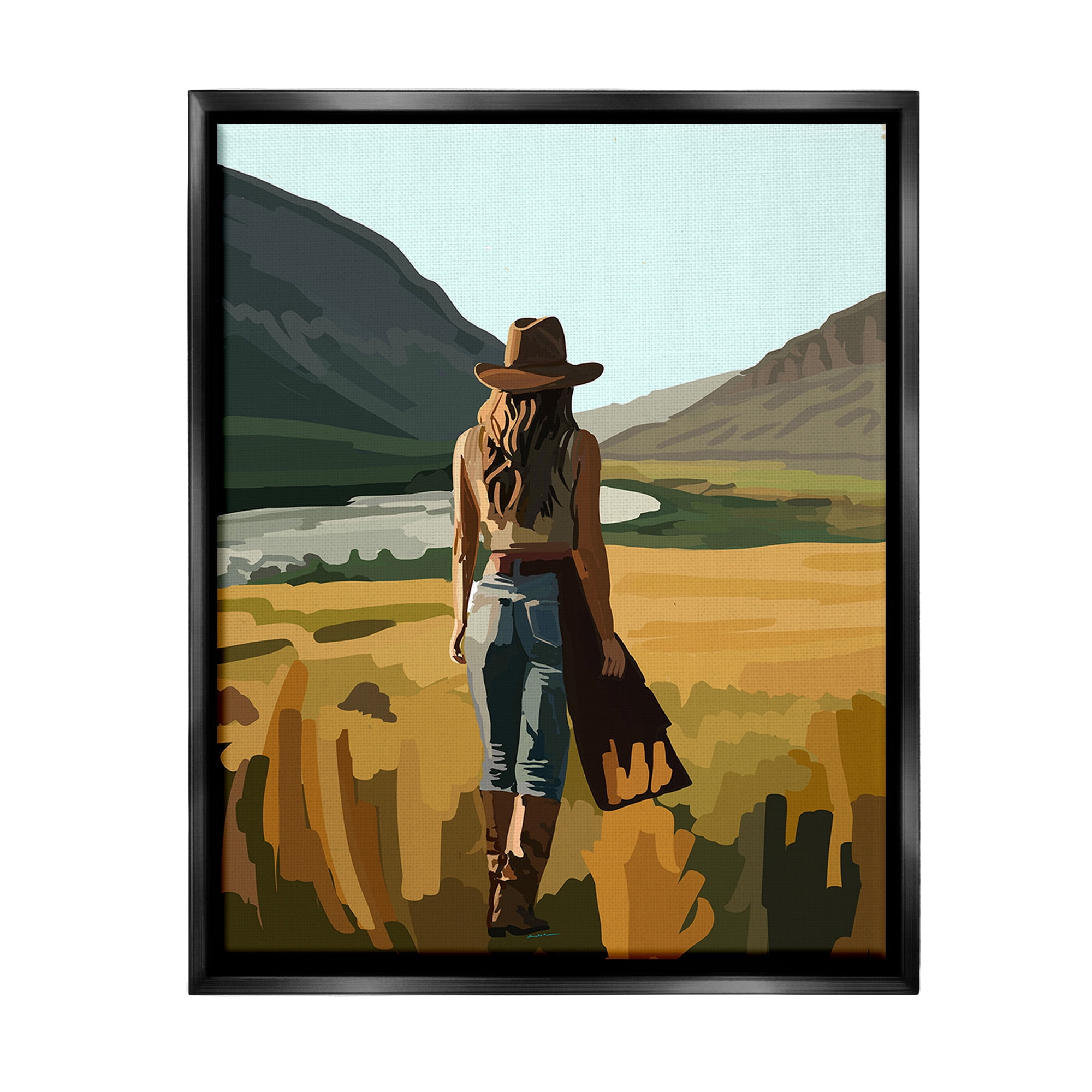 Stupell Industries Strolling Cowgirl in Desert Landscape Painting Black Floater Framed Canvas Art Print Wall Art, 25 x 31