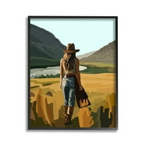 Stupell Industries Strolling Cowgirl in Desert Landscape Painting Black Framed Art Print Wall Art, 11 x 14