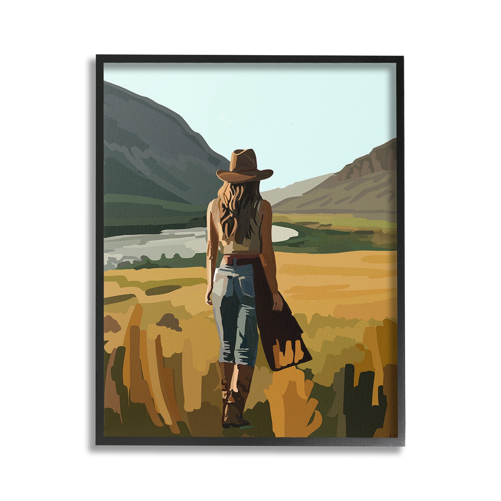 Stupell Industries Strolling Cowgirl in Desert Landscape Painting Black Framed Art Print Wall Art, 16 x 20
