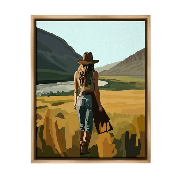 Stupell Industries Strolling Cowgirl in Desert Landscape Painting Brown Floater Framed Canvas Art Print Wall Art, 25 x 31