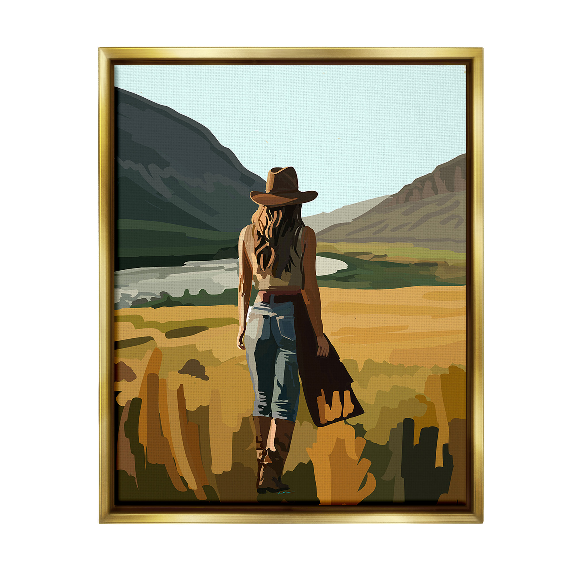 Stupell Industries Strolling Cowgirl in Desert Landscape Painting Gold Floater Framed Canvas Art Print Wall Art, 17 x 21