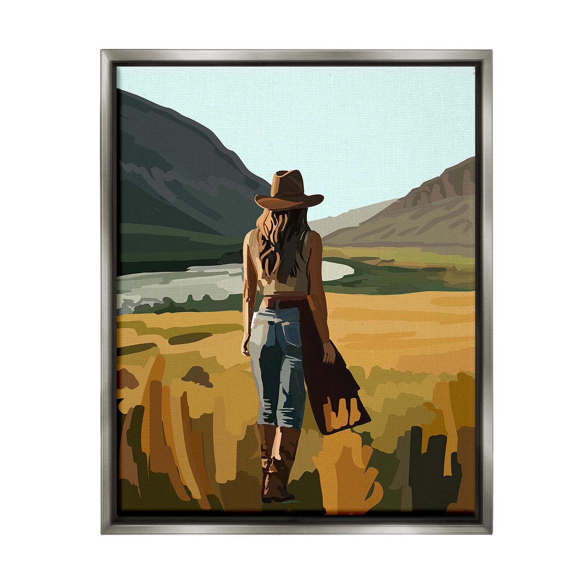 Stupell Industries Strolling Cowgirl in Desert Landscape Painting Gray Floater Framed Canvas Art Print Wall Art, 17 x 21