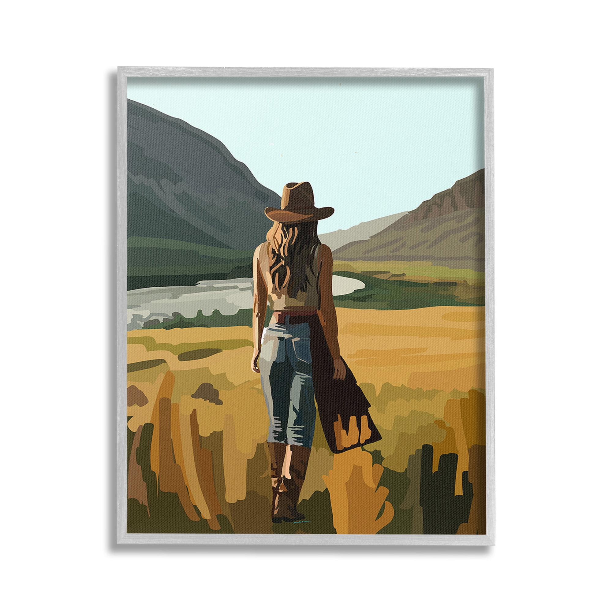 Stupell Industries Strolling Cowgirl in Desert Landscape Painting Gray Framed Art Print Wall Art, 24 x 30