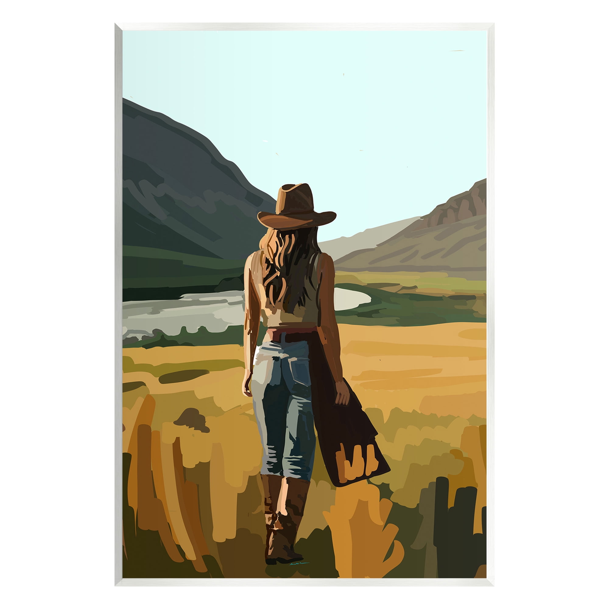 Stupell Industries Strolling Cowgirl in Desert Landscape Painting Unframed Art Print Wall Art, 13 x 19