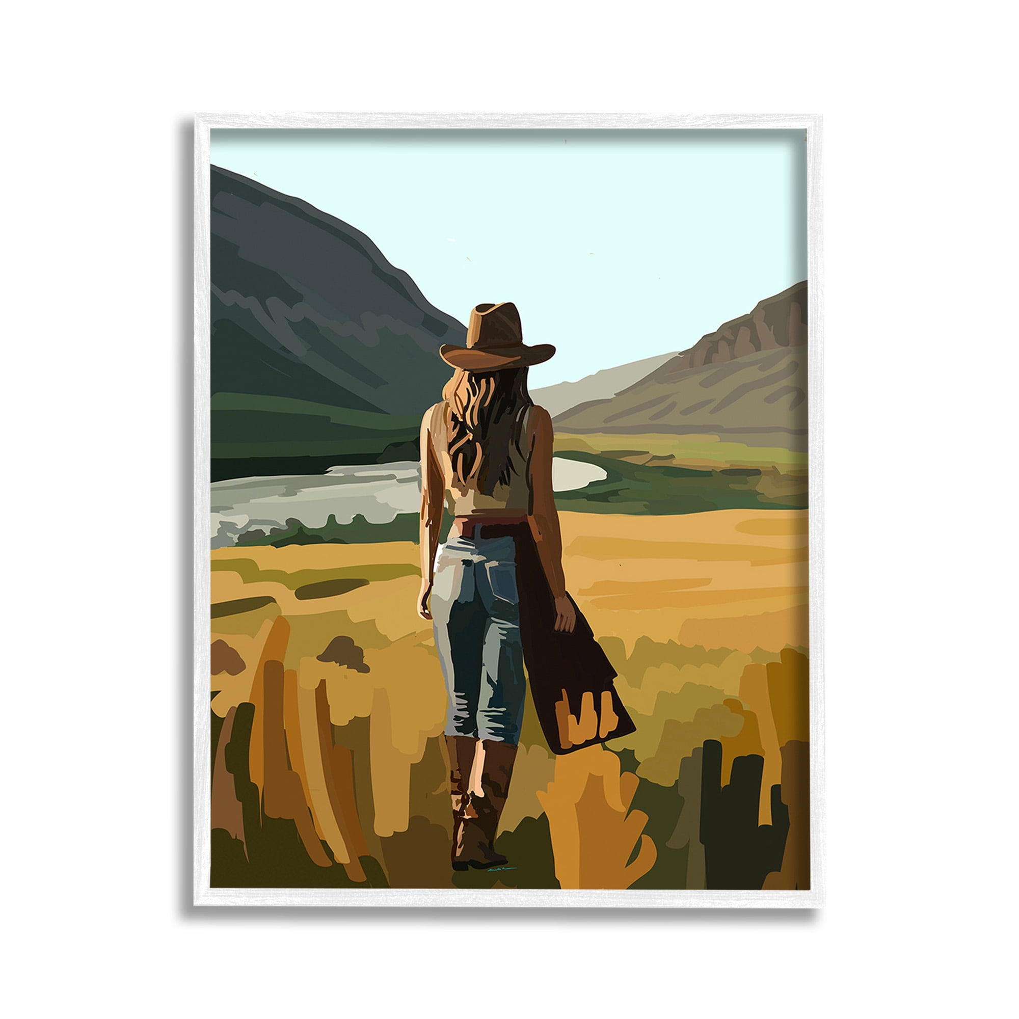 Stupell Industries Strolling Cowgirl in Desert Landscape Painting White Framed Art Print Wall Art, 11 x 14
