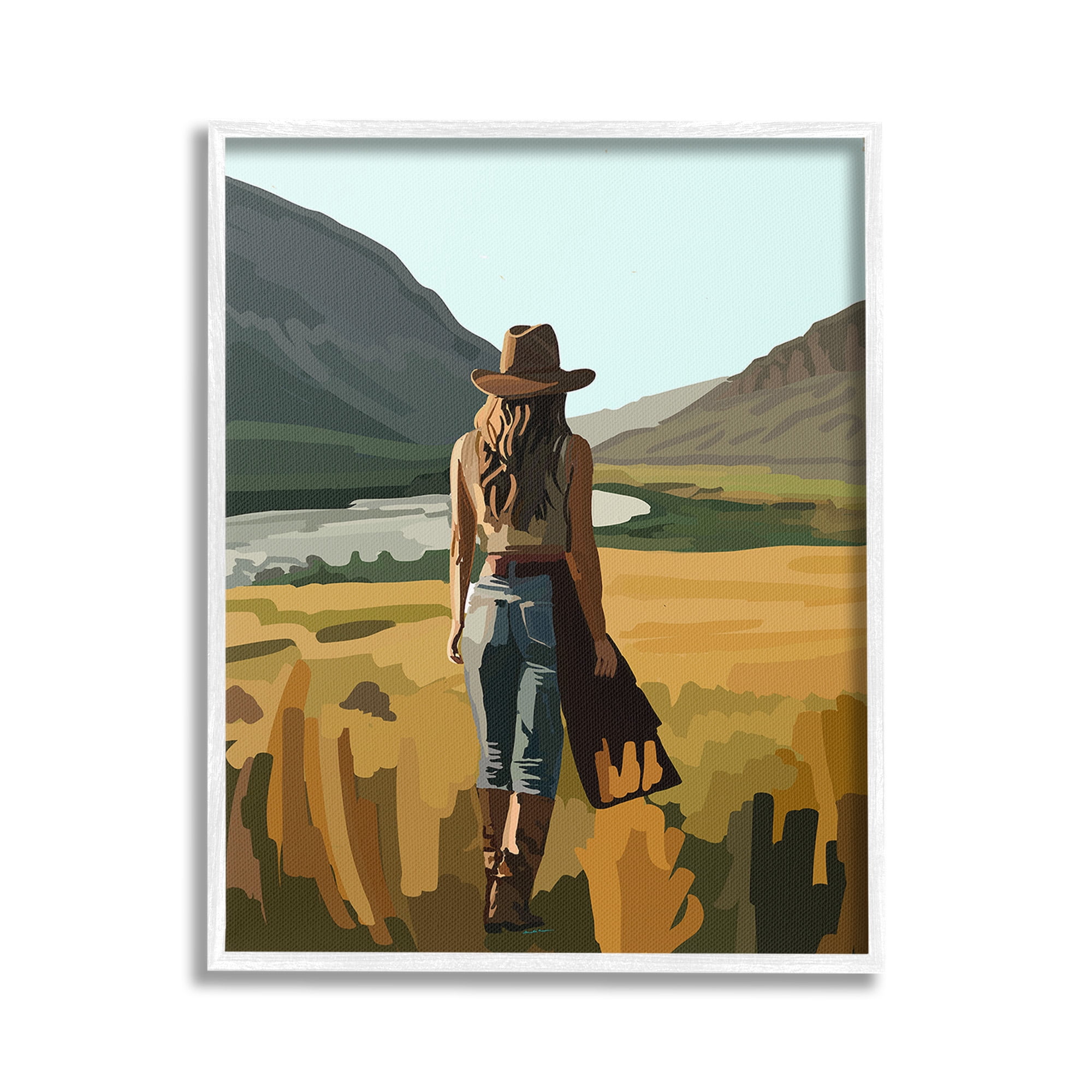 Stupell Industries Strolling Cowgirl in Desert Landscape Painting White Framed Art Print Wall Art, 16 x 20