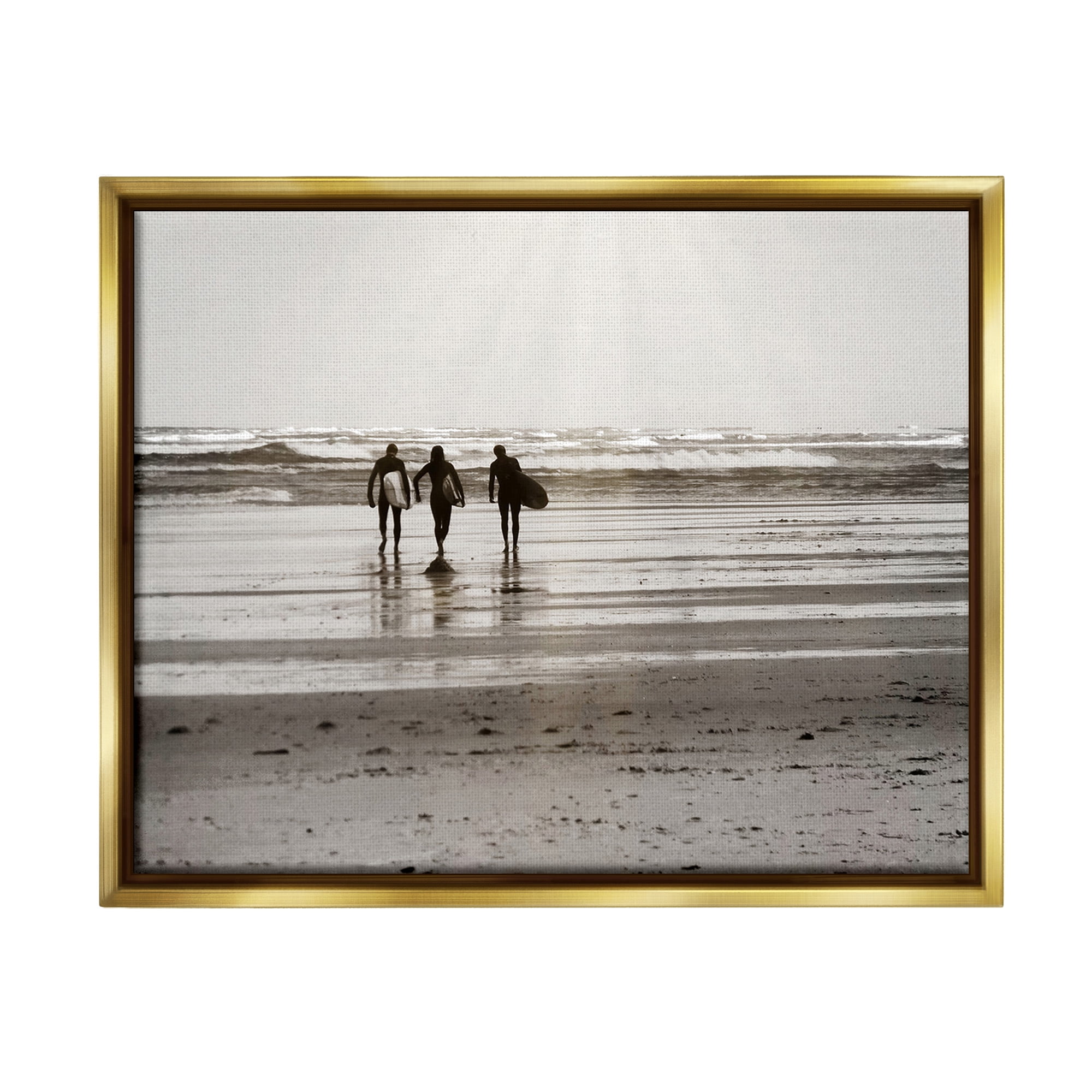 Stupell Industries Strolling Surfer Friends Landscape Photography Gold Floater Framed Canvas Art Print Wall Art, 31 x 25