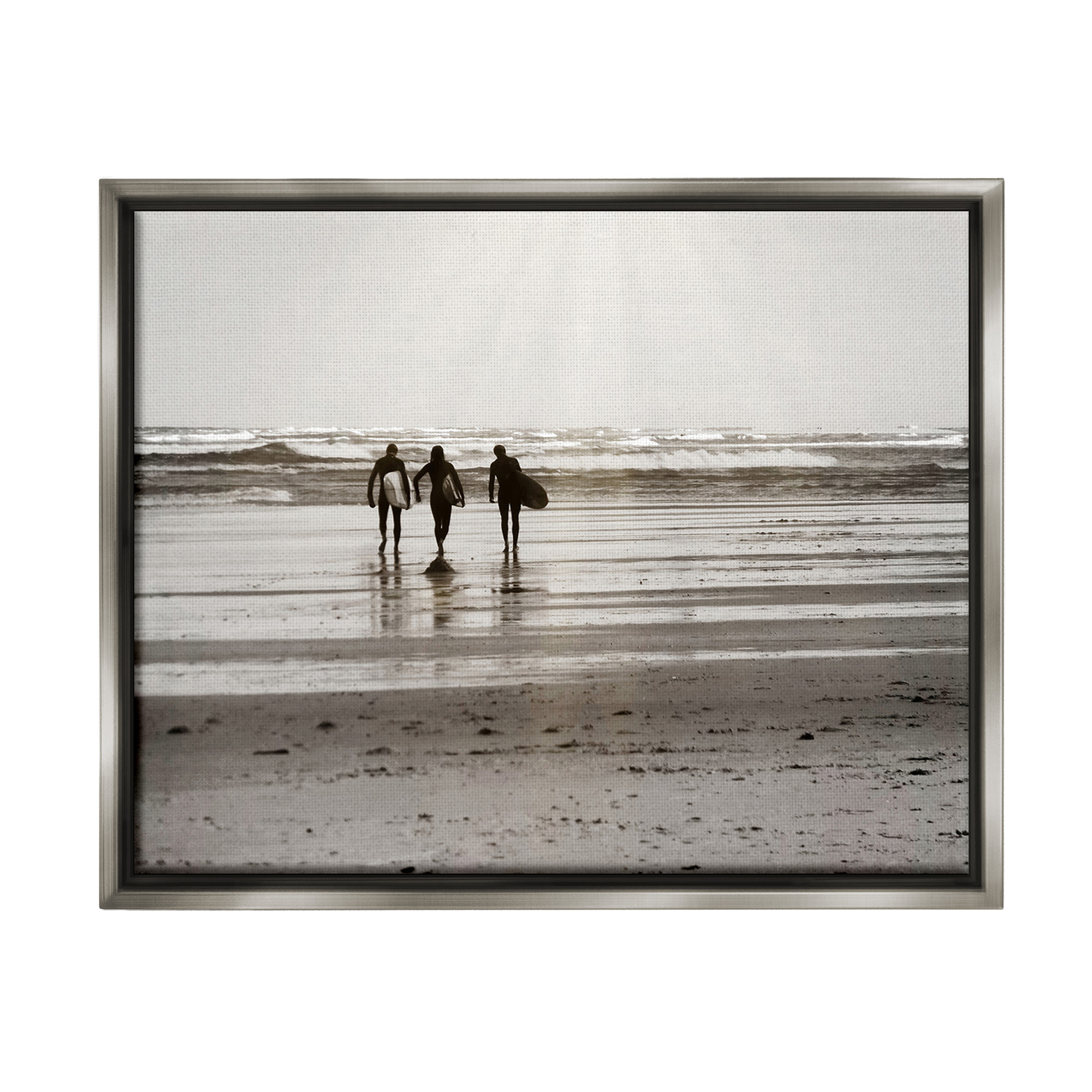 Stupell Industries Strolling Surfer Friends Landscape Photography Gray Floater Framed Canvas Art Print Wall Art, 31 x 25