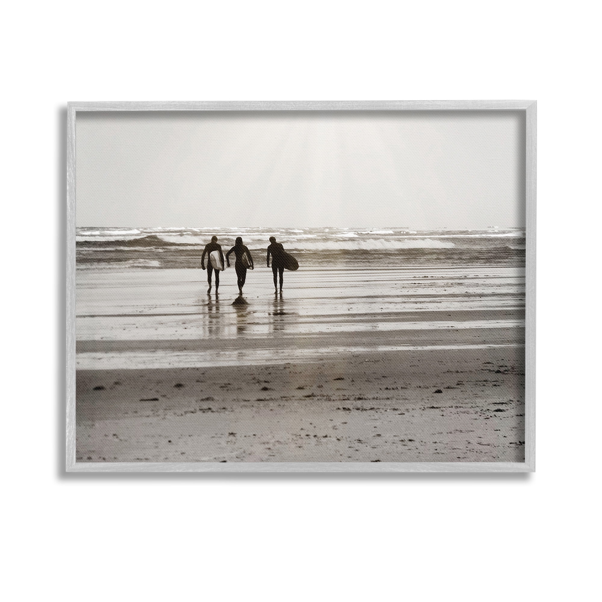 Stupell Industries Strolling Surfer Friends Landscape Photography Gray Framed Art Print Wall Art, 14 x 11