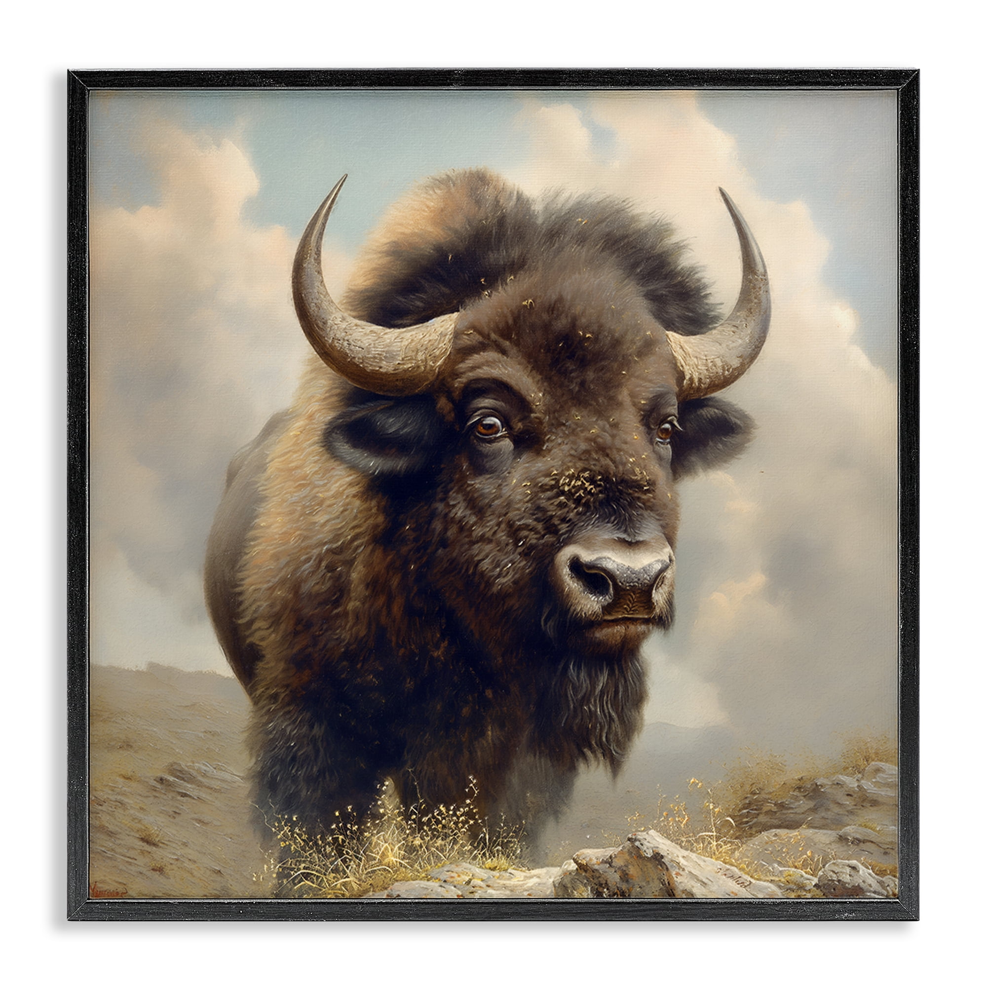 Stupell Industries Strong Bison Horns Animals Painting Black Framed Art Print Wall Art, 17 x 17