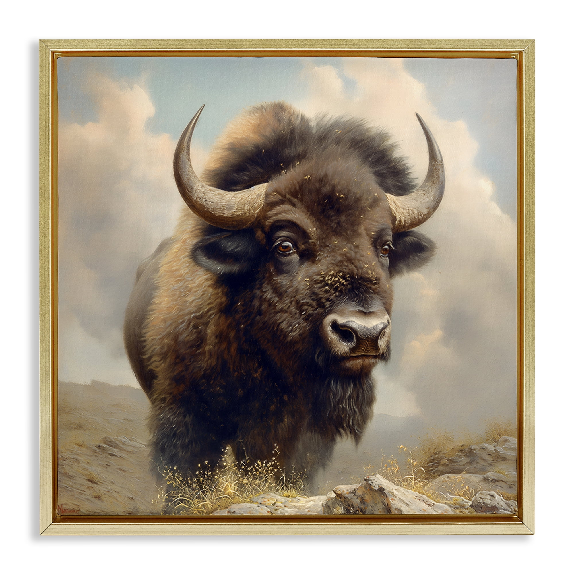 Stupell Industries Strong Bison Horns Animals Painting Gold Floater Framed Canvas Art Print Wall Art, 18 x 18