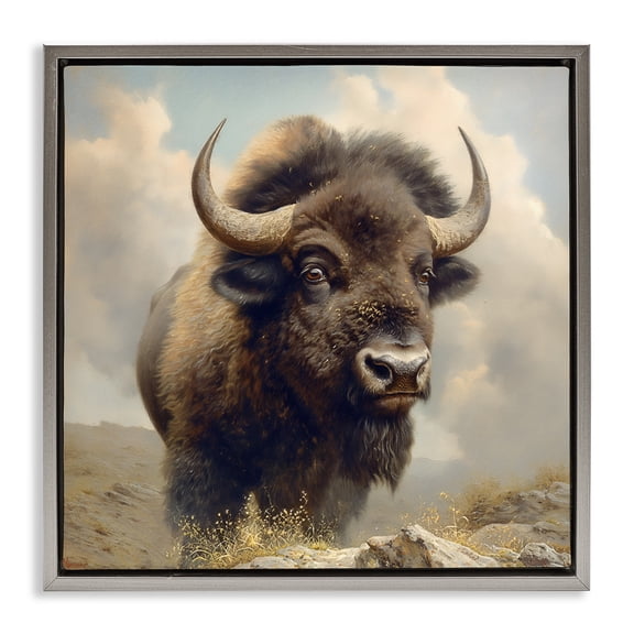 Stupell Industries Strong Bison Horns Animals Painting Gray Floater Framed Canvas Art Print Wall Art, 18 x 18