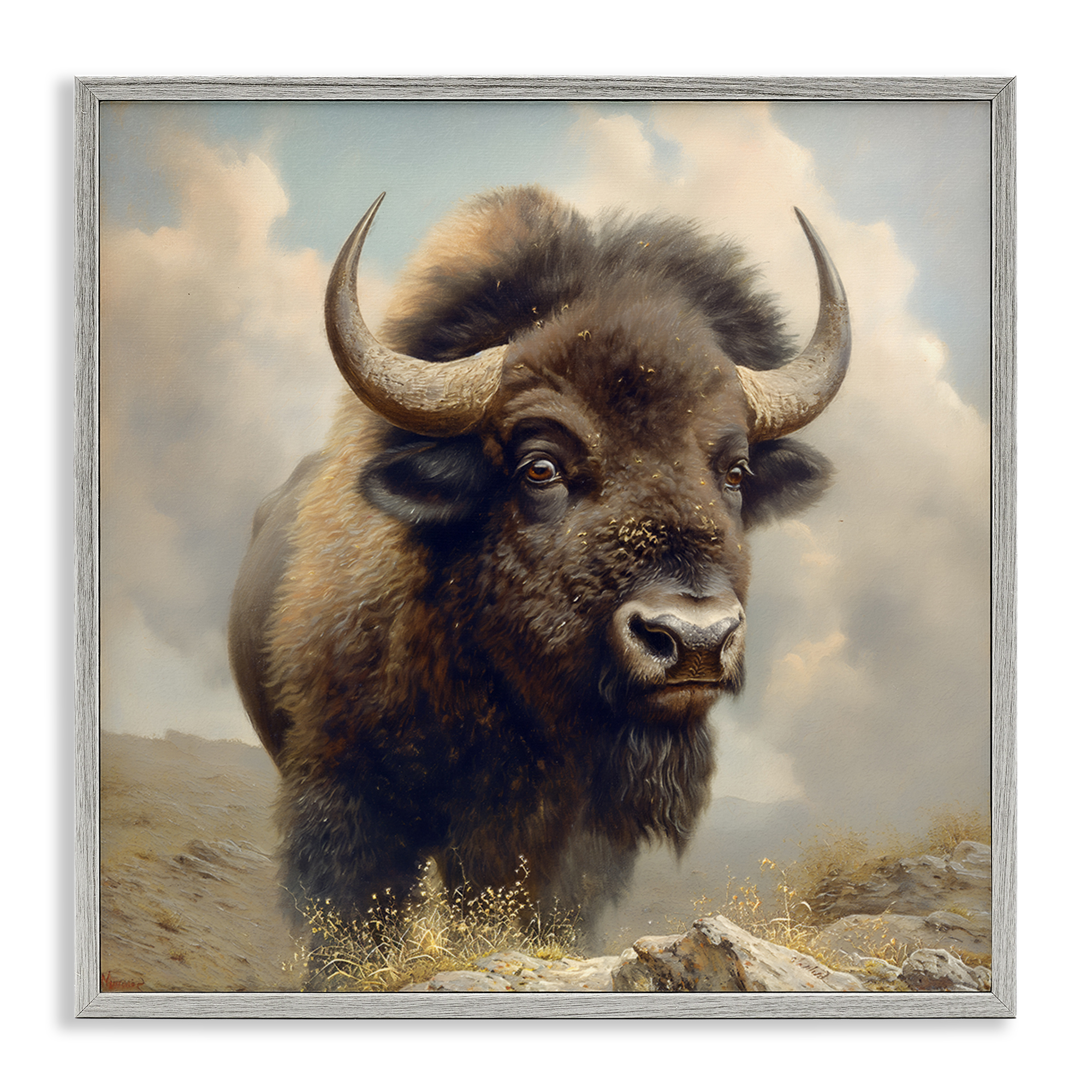 Stupell Industries Strong Bison Horns Animals Painting Gray Framed Art Print Wall Art, 12 x 12