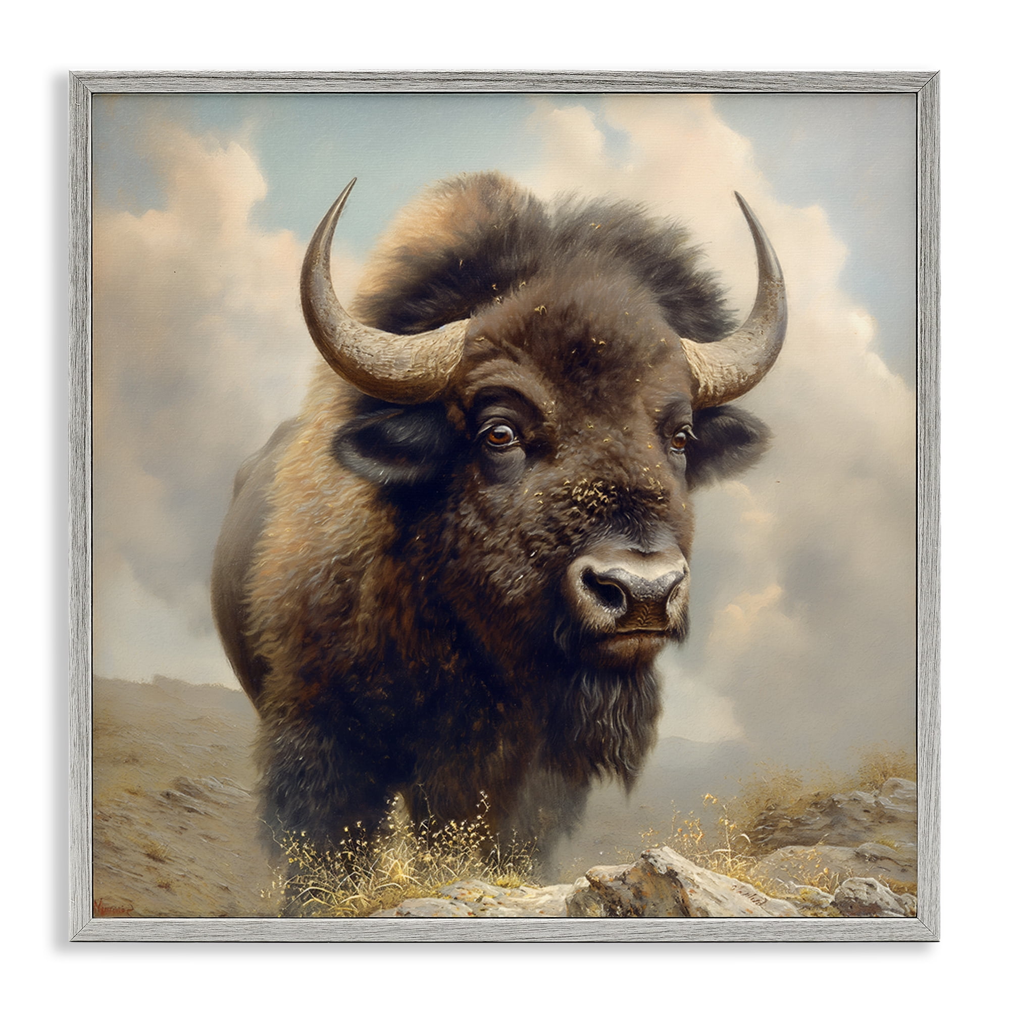 Stupell Industries Strong Bison Horns Animals Painting Gray Framed Art Print Wall Art, 17 x 17