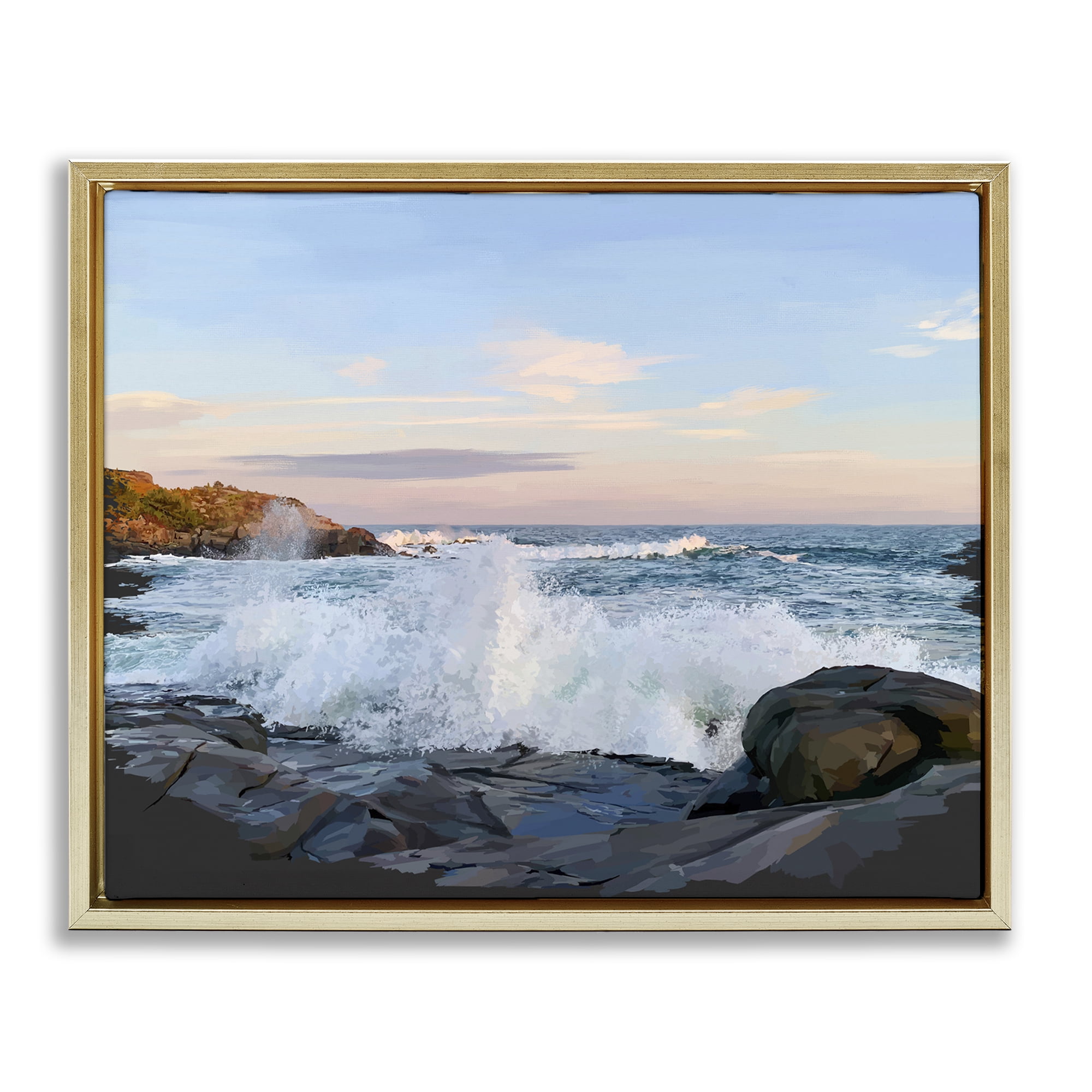 Stupell Industries Strong Breaking Waves Landscape Photography Gold Floater Framed Canvas Art Print Wall Art, 21 x 17