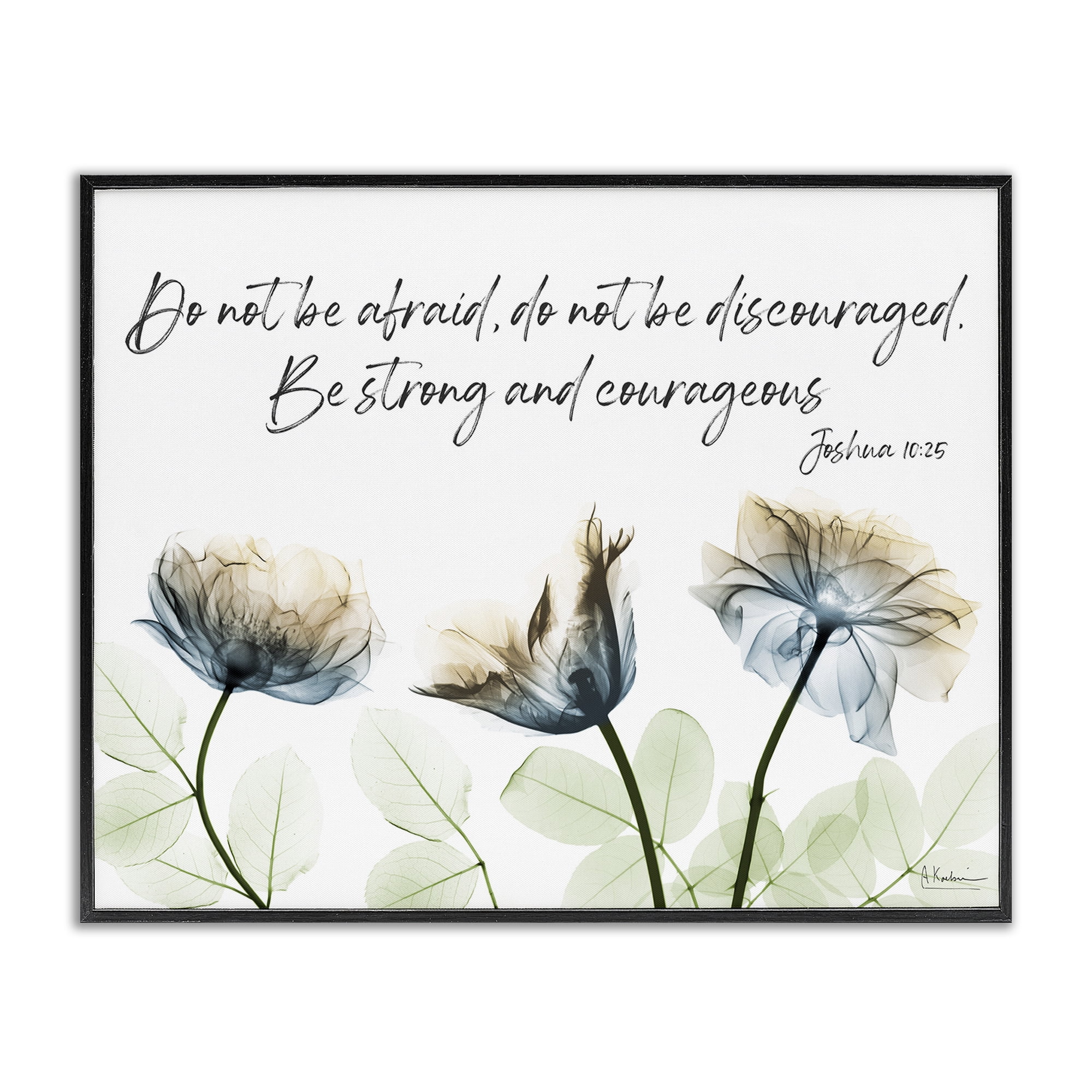 Stupell Industries Strong & Courageous Floral Religious Painting Black Framed Art Print Wall Art, 30 x 24