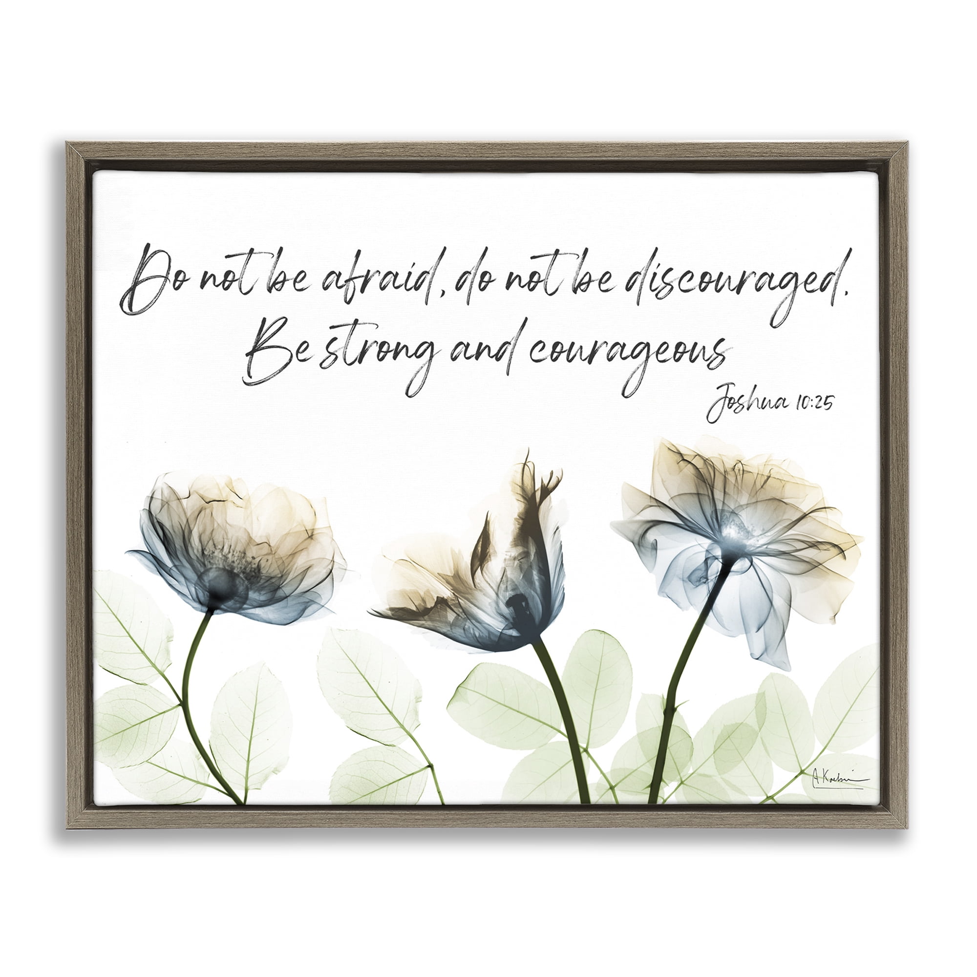 Stupell Industries Strong & Courageous Floral Religious Painting Brown Floater Framed Art Print Wall Art, 21 x 17