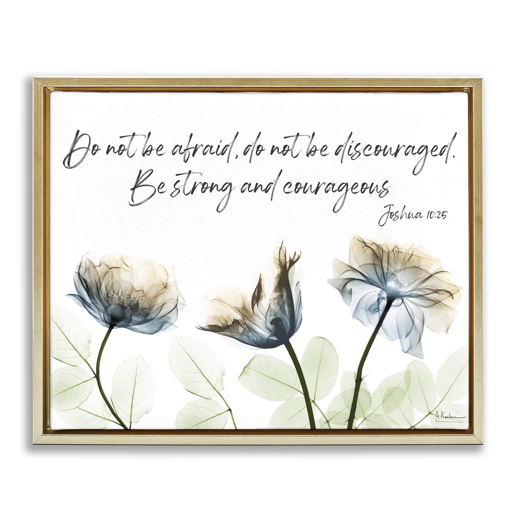 Stupell Industries Strong & Courageous Floral Religious Painting Gold Floater Framed Art Print Wall Art, 31 x 25