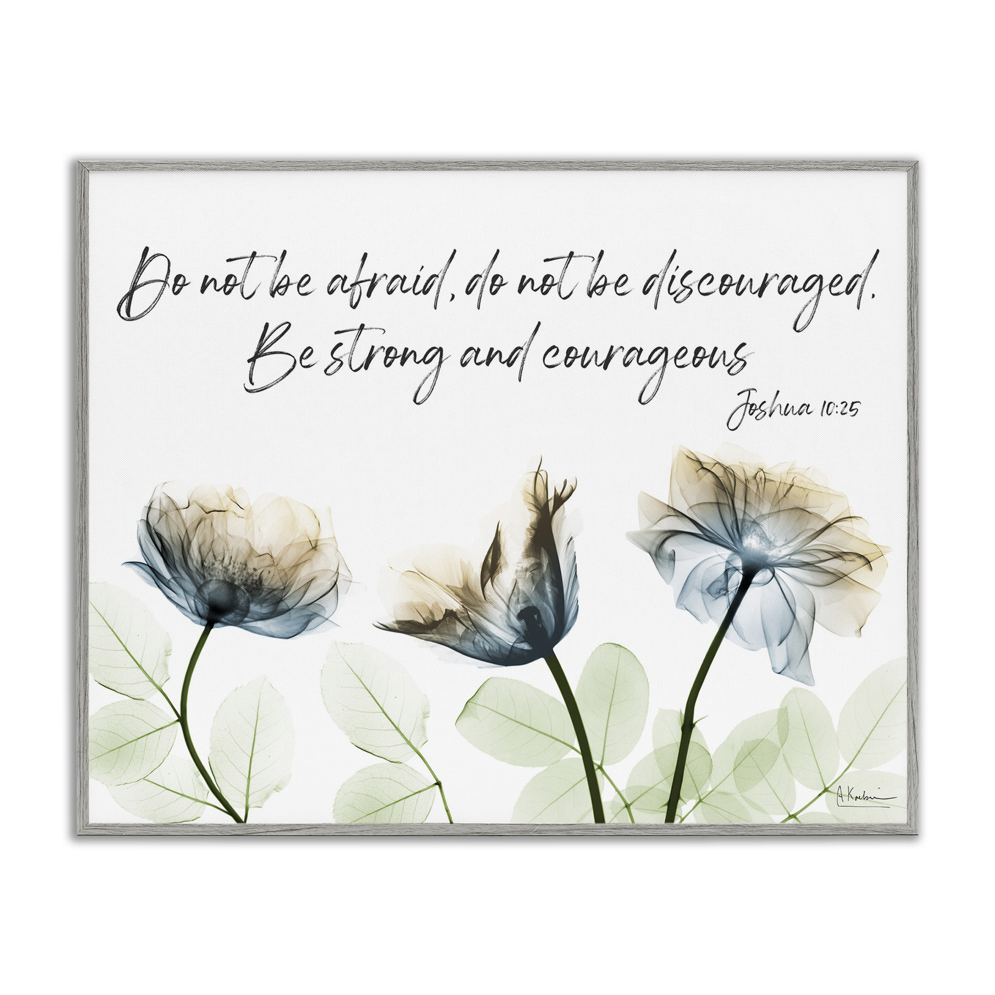 Stupell Industries Strong & Courageous Floral Religious Painting Gray Framed Art Print Wall Art, 14 x 11