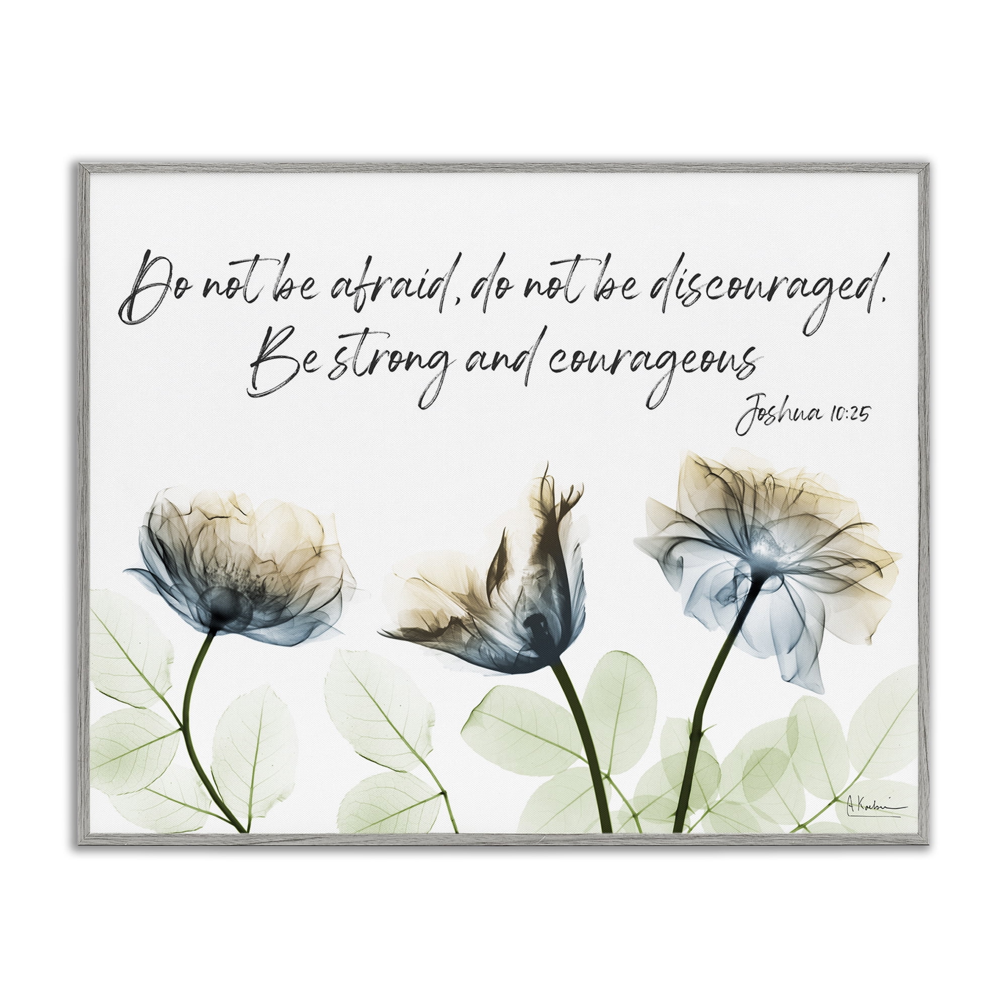 Stupell Industries Strong & Courageous Floral Religious Painting Gray Framed Art Print Wall Art, 30 x 24
