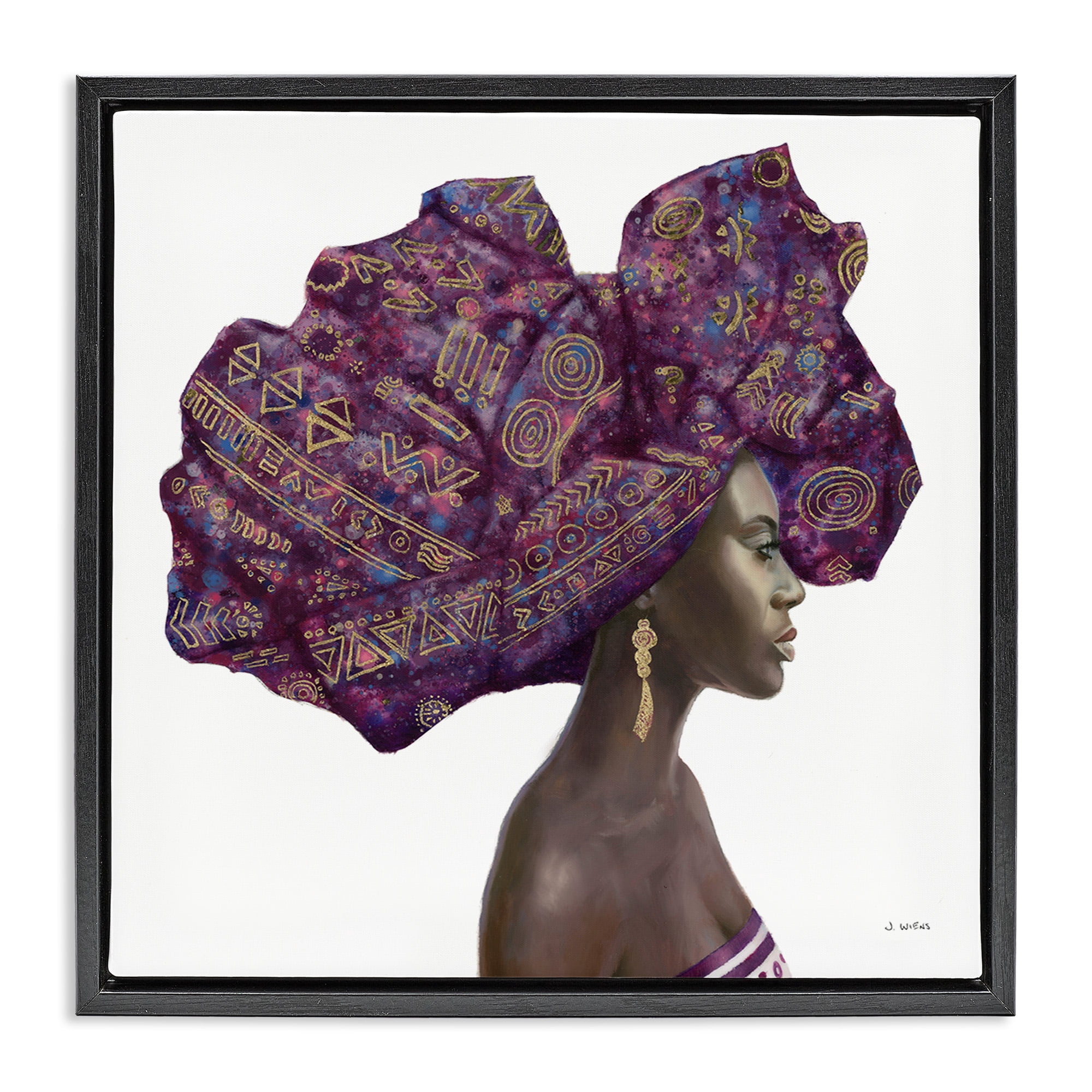 Stupell Industries Strong Female Portrait Headwrap Culture Beauty & Fashion Painting Black Floater Framed Canvas Art Print Wall Art, 18 x 18