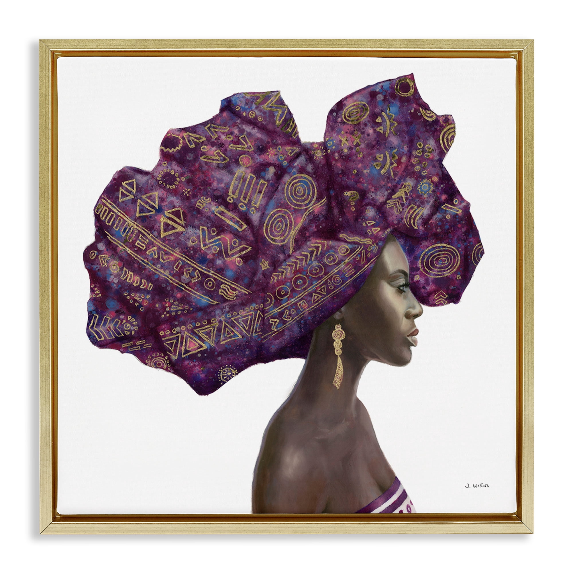 Stupell Industries Strong Female Portrait Headwrap Culture Beauty & Fashion Painting Gold Floater Framed Canvas Art Print Wall Art, 18 x 18