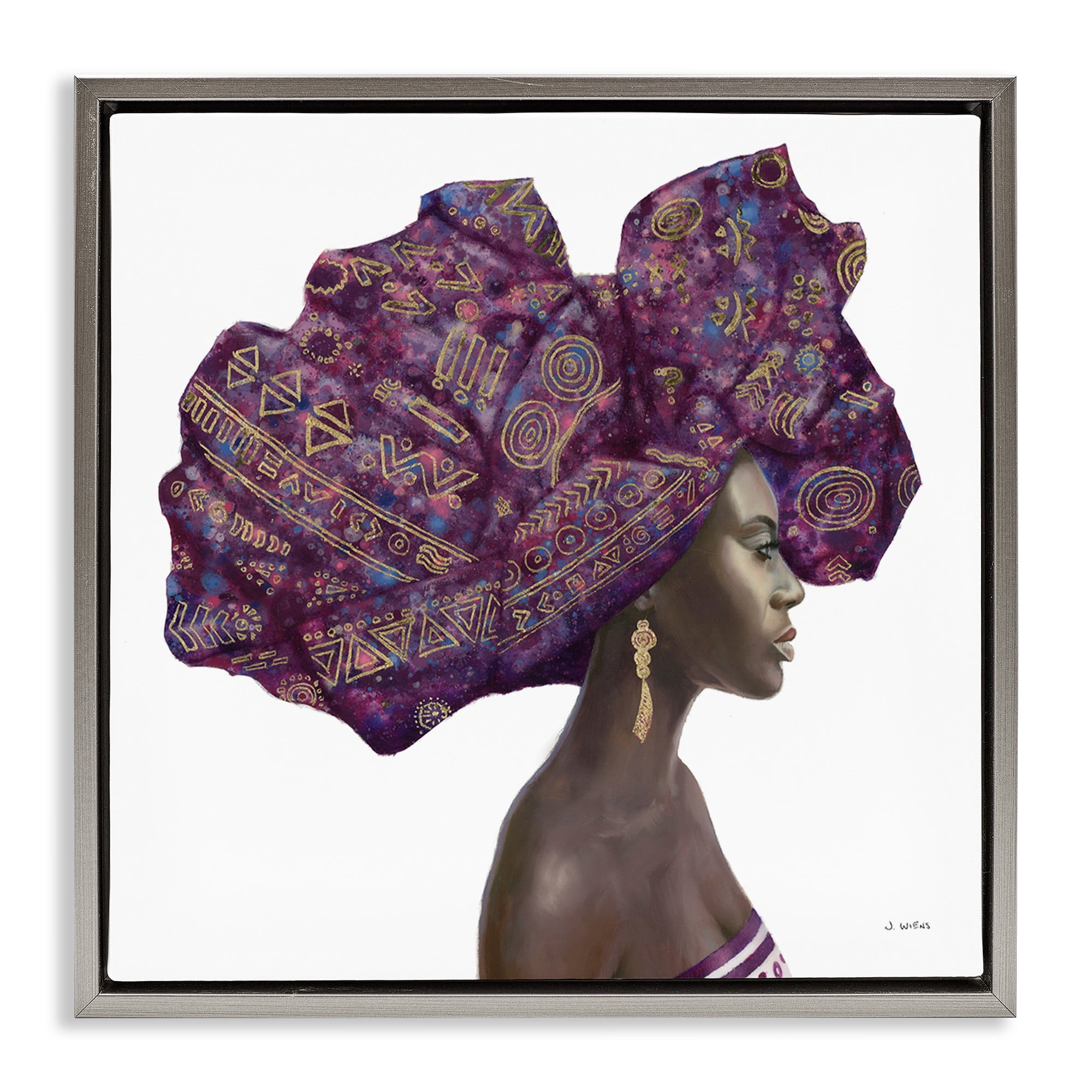 Stupell Industries Strong Female Portrait Headwrap Culture Beauty & Fashion Painting Gray Floater Framed Canvas Art Print Wall Art, 25 x 25