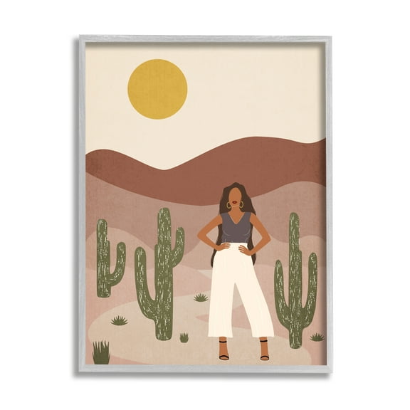 Stupell Industries Strong Female Pose Desert Cactus Sun Burnt Landscape Landscape Painting Gray Framed Art Print Wall Art, 11 x 14