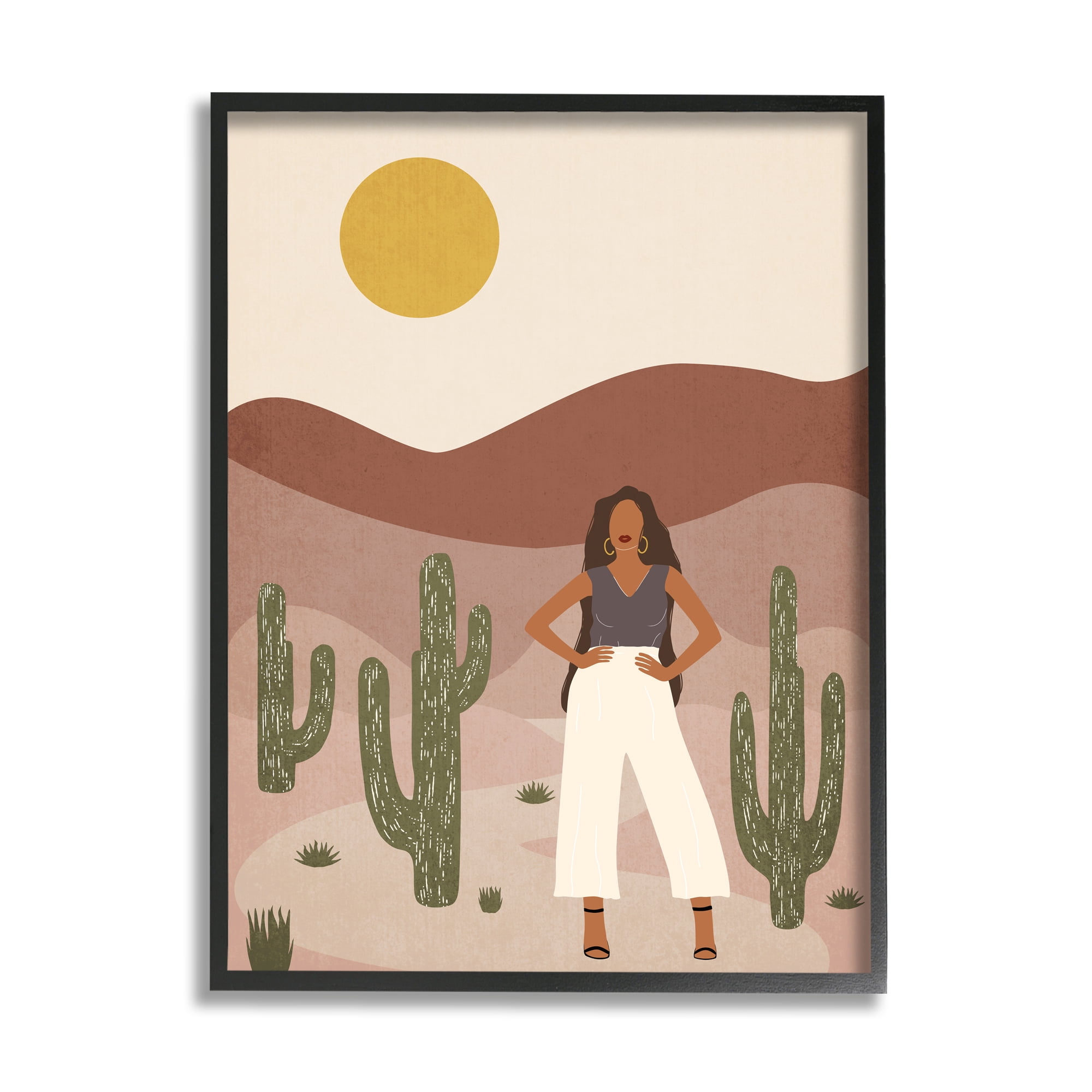 Stupell Industries Strong Female Pose Desert Cactus Sun Burnt Landscape Modern Painting Black Framed Art Print Wall Art, 16 x 20, Design by JJ Design House LLC