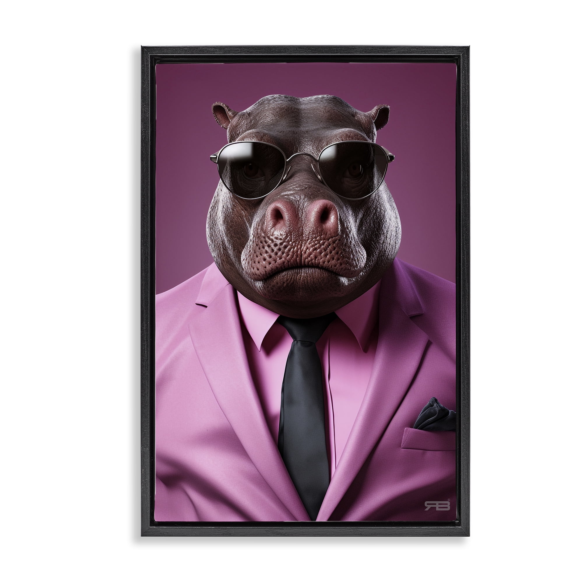 Stupell Industries Strong Hippo Purple Suit Animals & Insects Painting Black Floater Framed Canvas Art Print Wall Art, 21 x 31