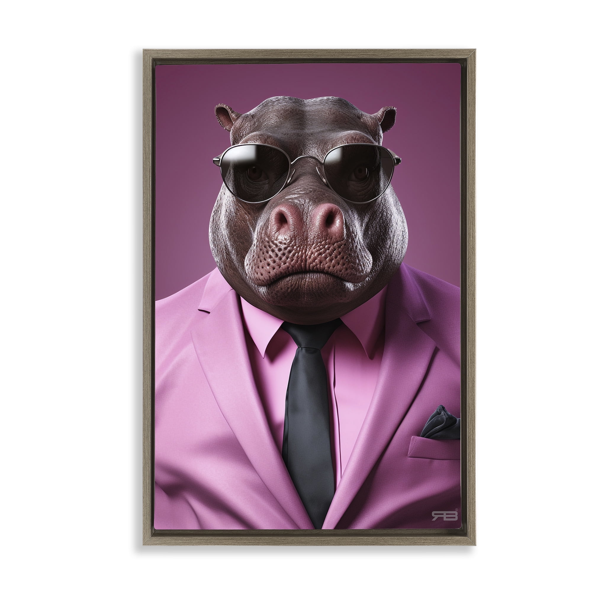 Stupell Industries Strong Hippo Purple Suit Animals & Insects Painting Brown Floater Framed Canvas Art Print Wall Art, 21 x 31