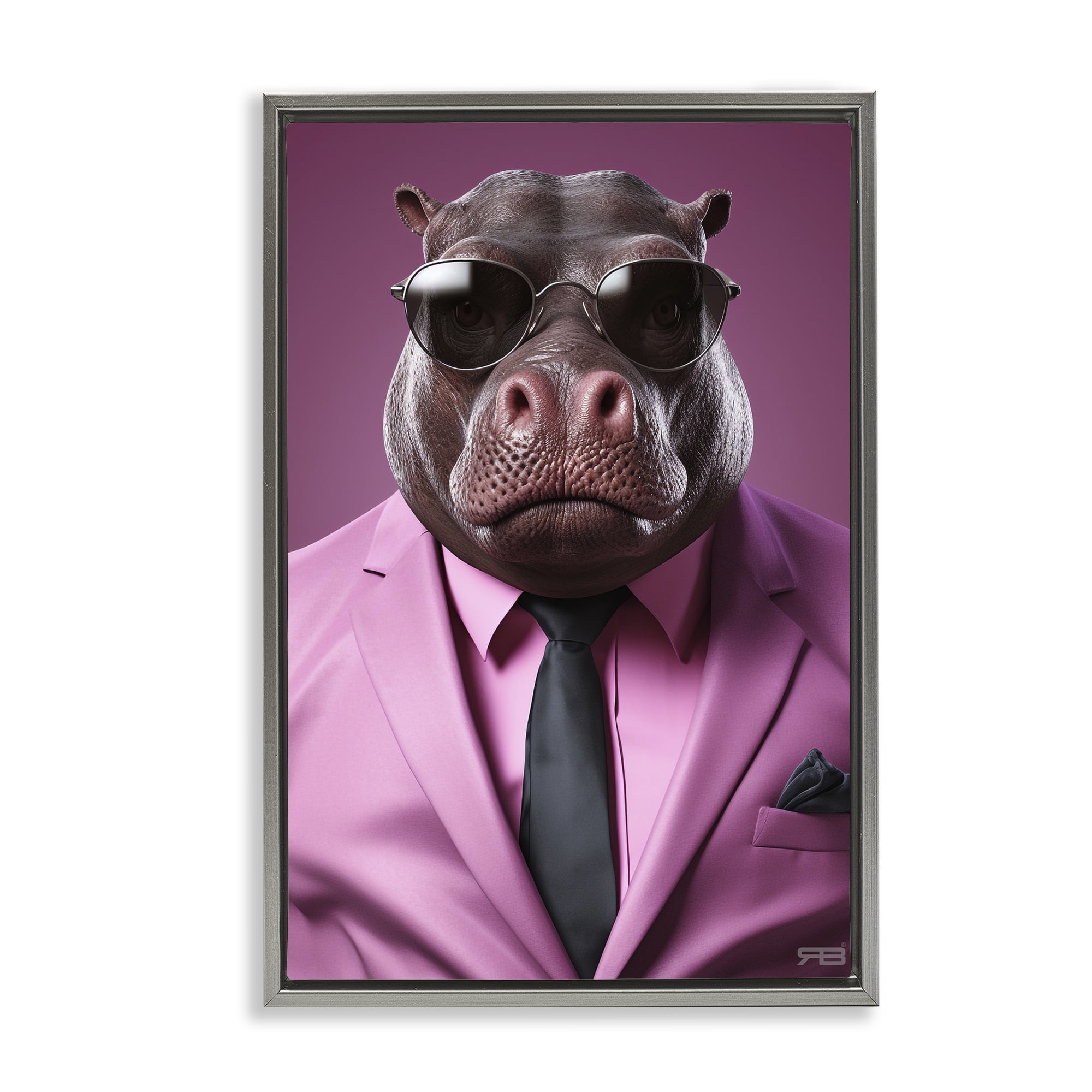 Stupell Industries Strong Hippo Purple Suit Animals & Insects Painting Gray Floater Framed Canvas Art Print Wall Art, 21 x 31