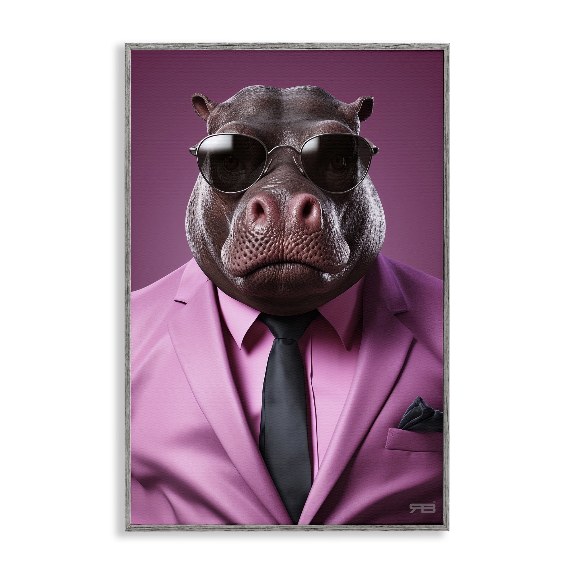 Stupell Industries Strong Hippo Purple Suit Animals & Insects Painting Gray Framed Art Print Wall Art, 20 x 30