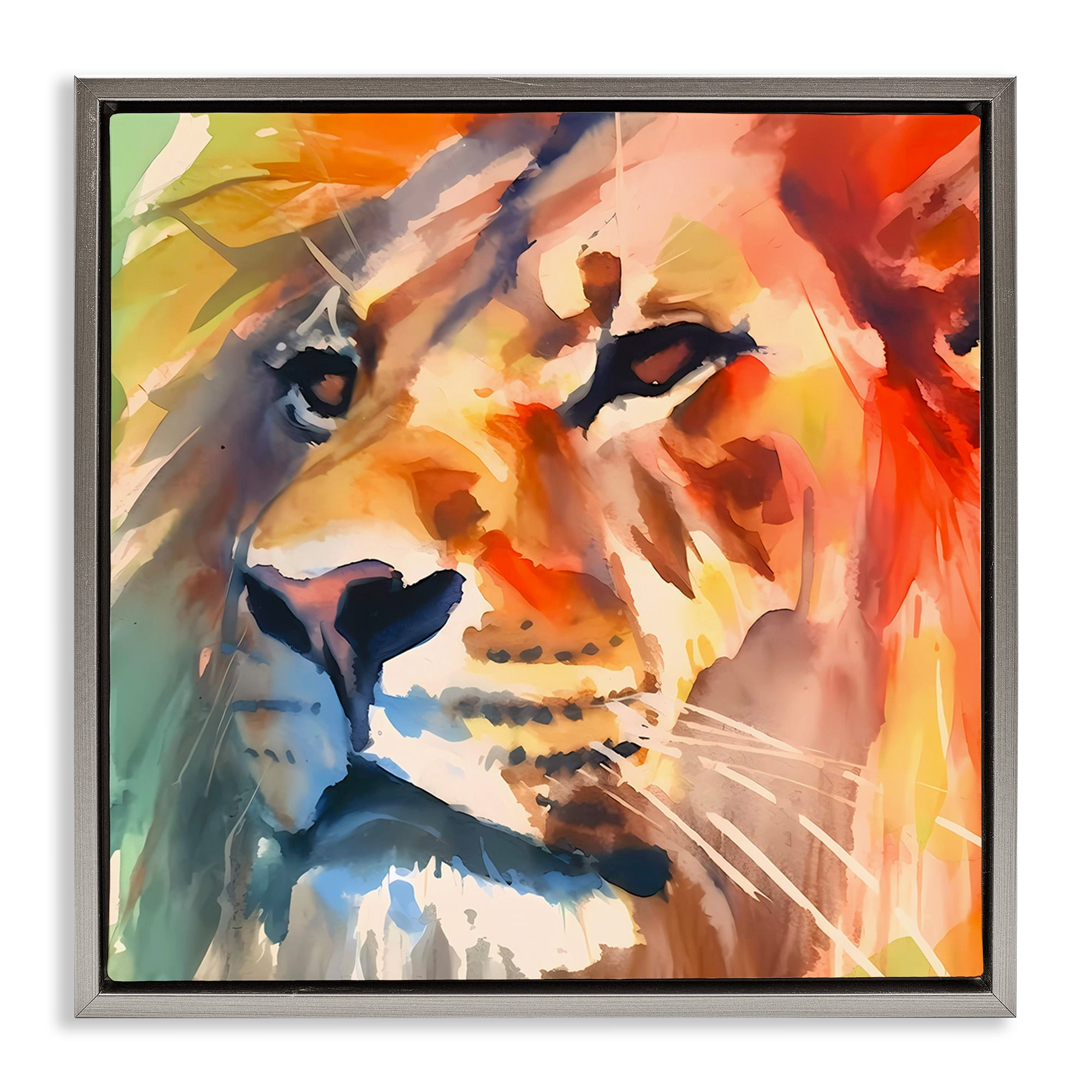 Stupell Industries Strong Lion Gaze Animals & Insects Painting Gray Floater Framed Canvas Art Print Wall Art, 18 x 18