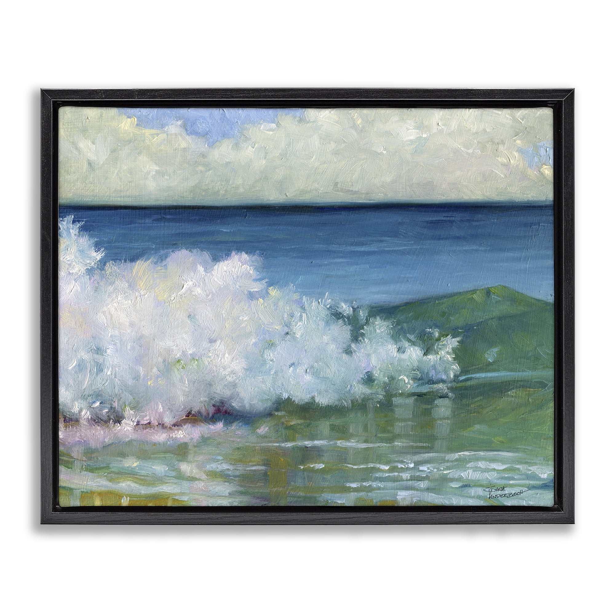 Stupell Industries Strong Splashing Wave Landscape Painting Black Floater Framed Canvas Art Print Wall Art, 31 x 25