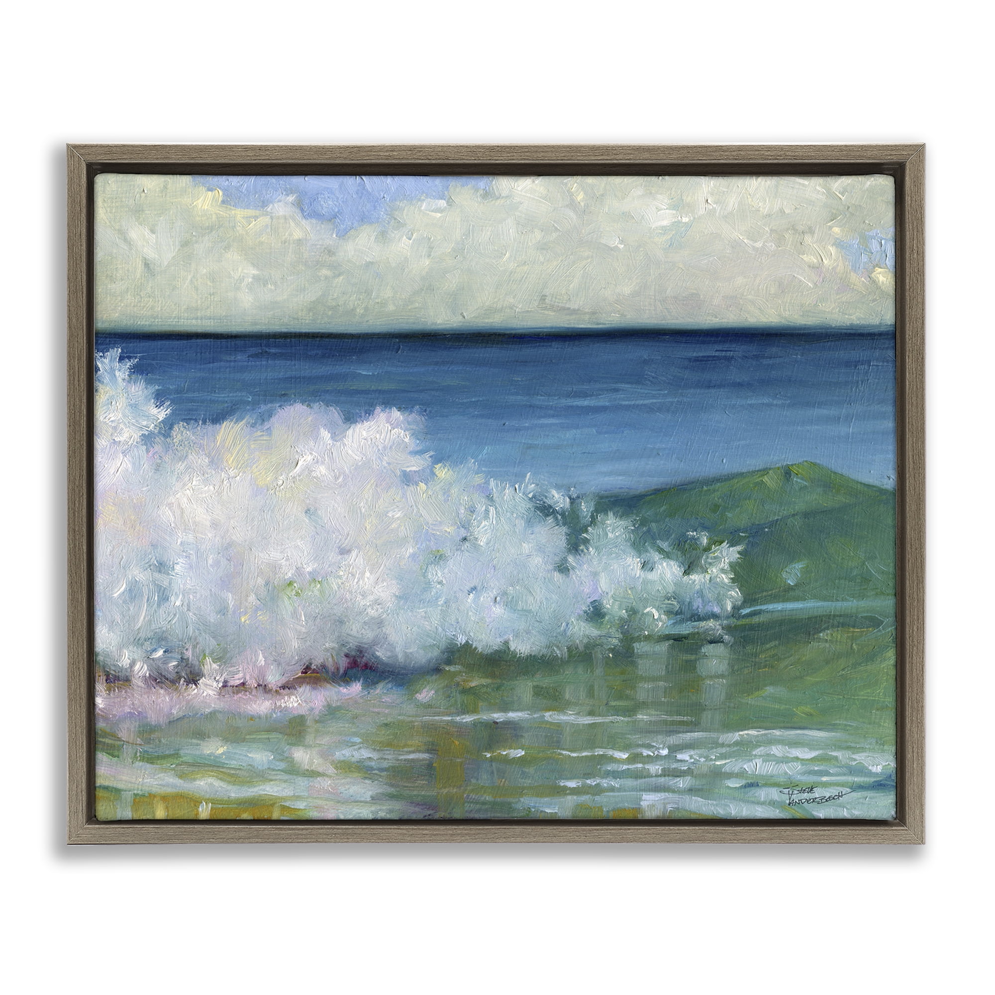 Stupell Industries Strong Splashing Wave Landscape Painting Brown Floater Framed Canvas Art Print Wall Art, 31 x 25