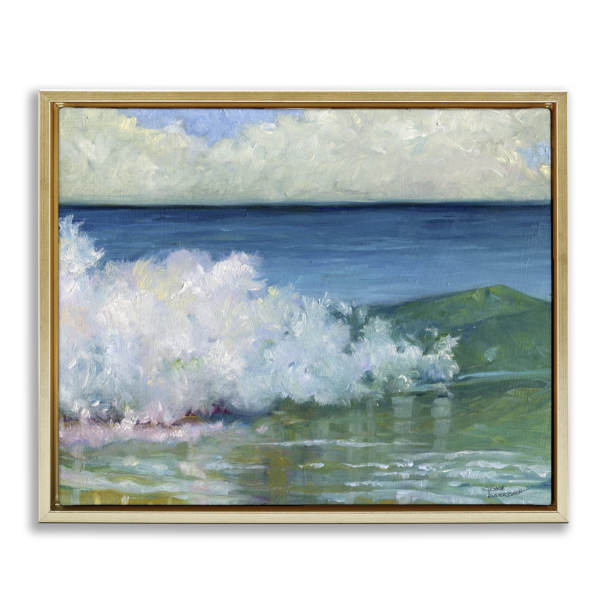 Stupell Industries Strong Splashing Wave Landscape Painting Gold Floater Framed Canvas Art Print Wall Art, 21 x 17