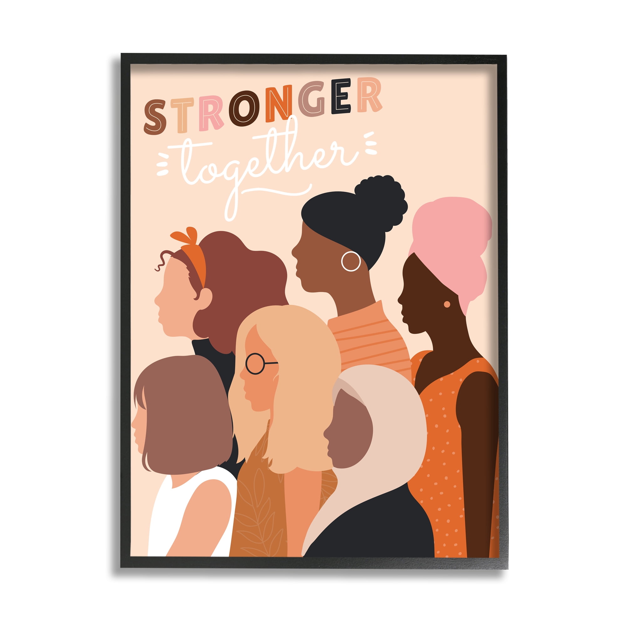 Stupell Industries Stronger Together Inclusive Phrase Group of Women Inspirational Painting Black Framed Art Print Wall Art, 16 x 20