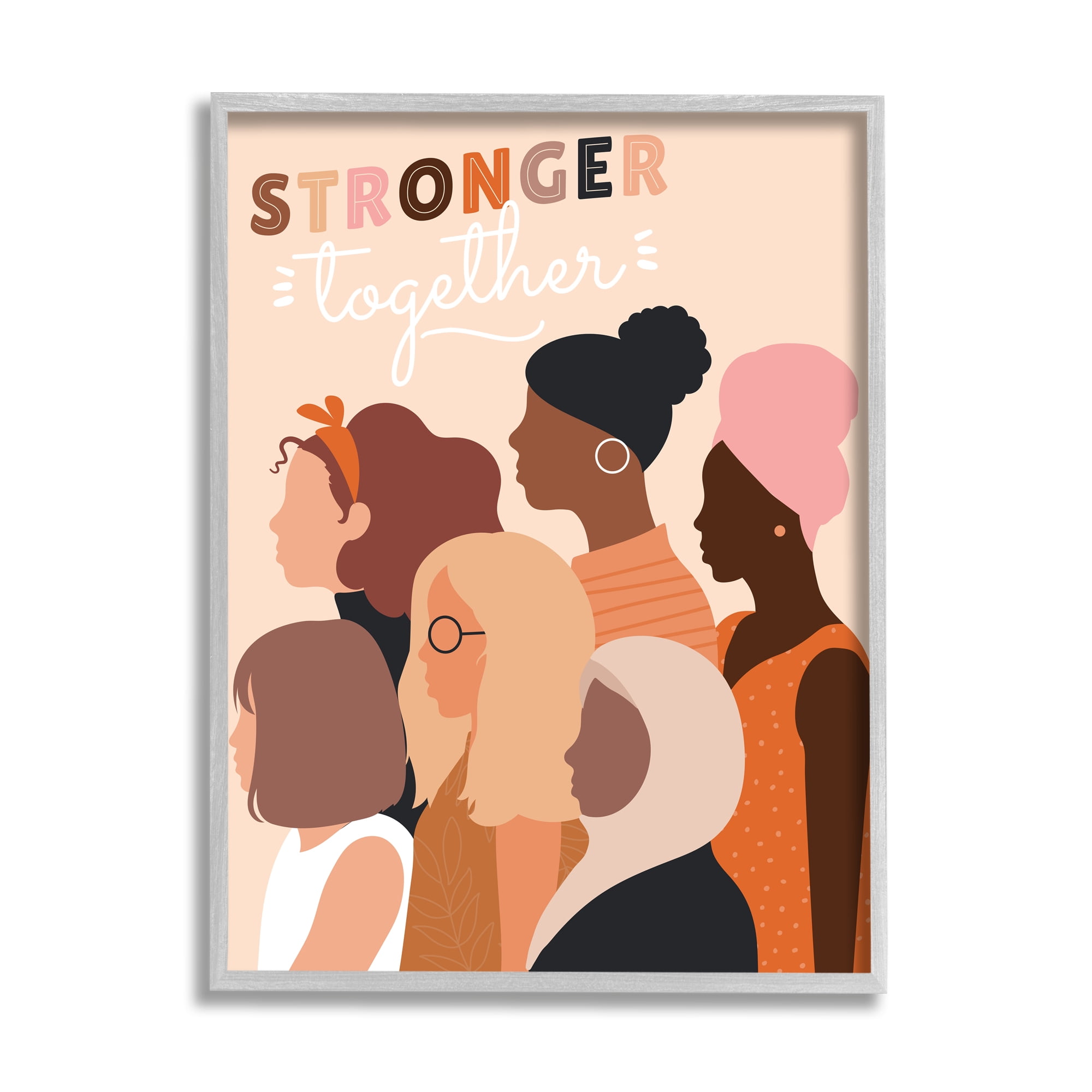 Stupell Industries Stronger Together Inclusive Phrase Group of Women Inspirational Painting Gray Framed Art Print Wall Art, 11 x 14